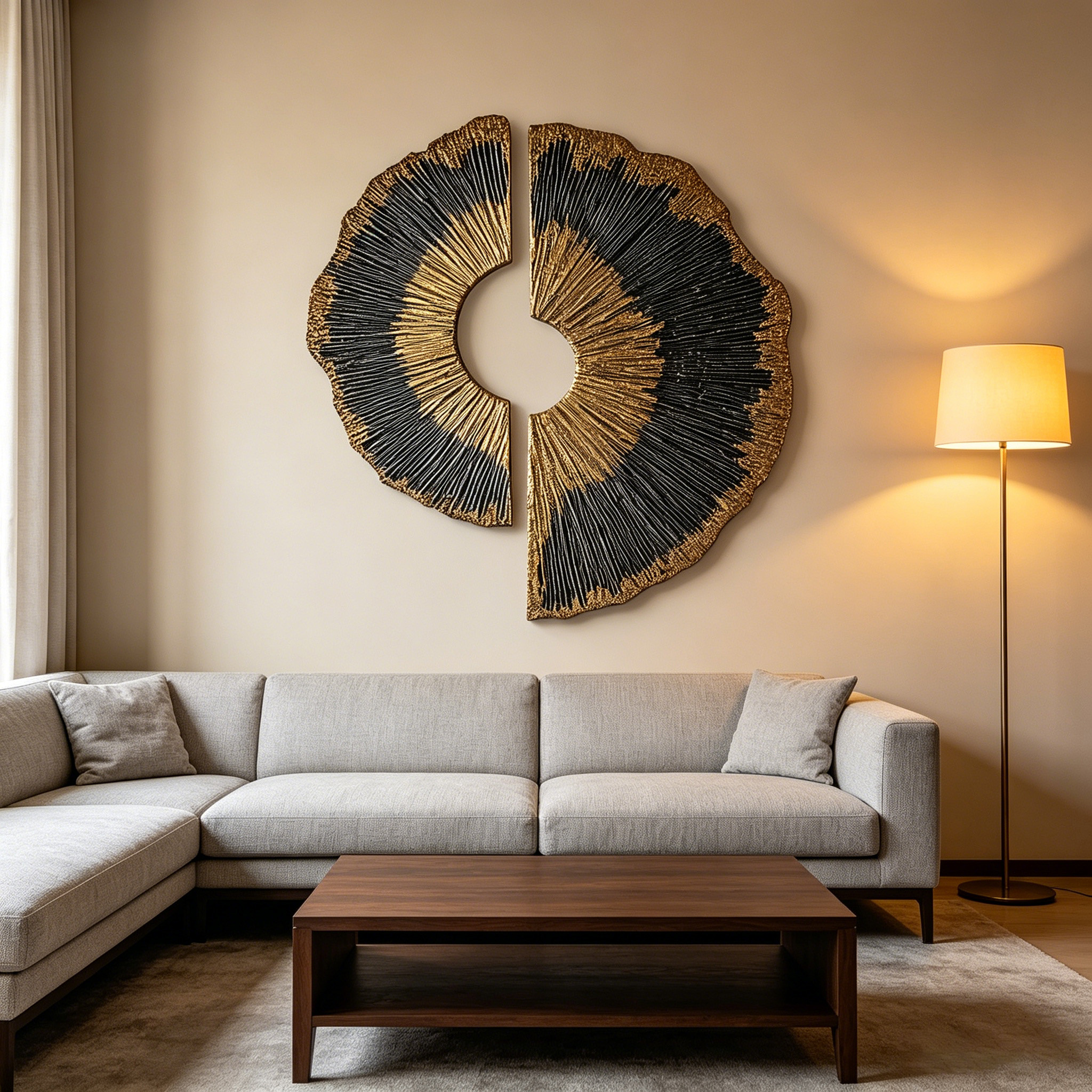 Large Wood Wall Art, 3D Gold Black Wood Sculpture, Abstract Round Wall Decor, Wabi Sabi Textured Artwork, Luxury Modern Wall Art