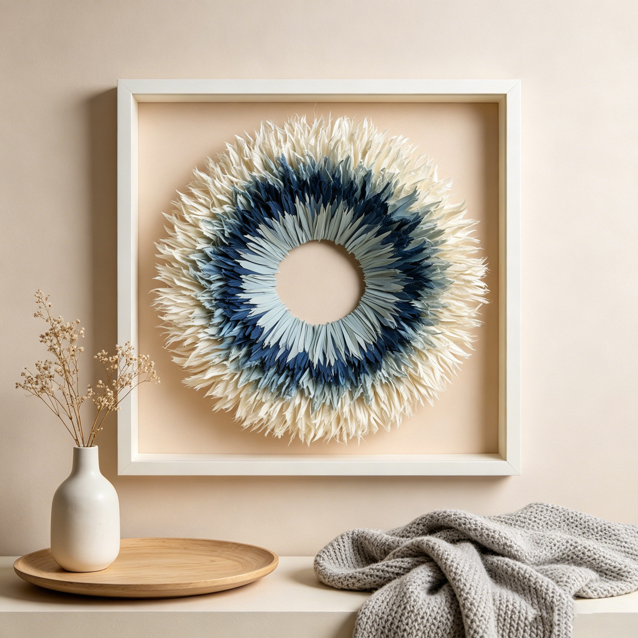 Coastal Paper Wall Art, Blue Ombre Paper Sculpture, Modern Sunburst Wall Decor, Handmade Circular Artwork, Organic Modern Home Decor