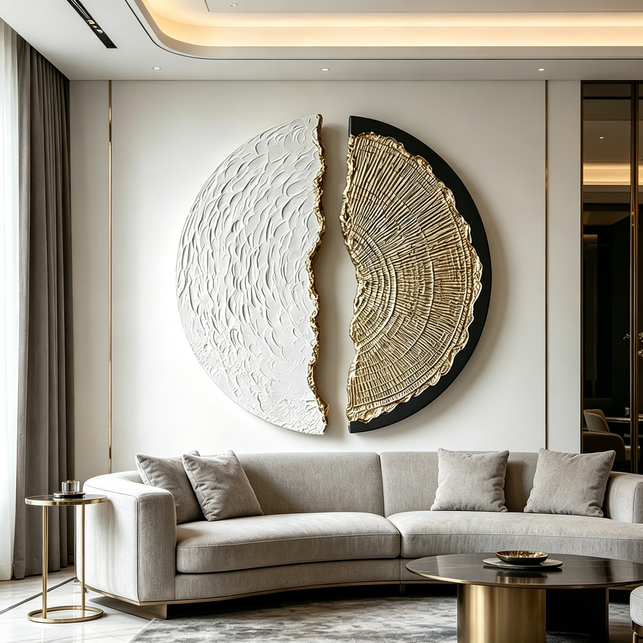 Abstract Wood Wall Art, 3D Half Moon Wood Sculpture, Wabi Sabi Wall Decor, Gold Black Textured Artwork, Modern Luxury Wall Art