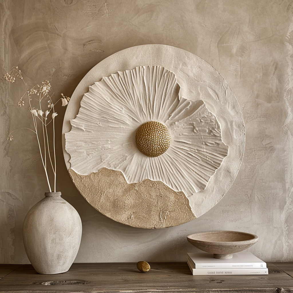3D Floral Wood Wall Art, Round Botanical Relief Sculpture, Wabi Sabi Wall Decor, Neutral Textured Art, Gold Flower Wall Decor