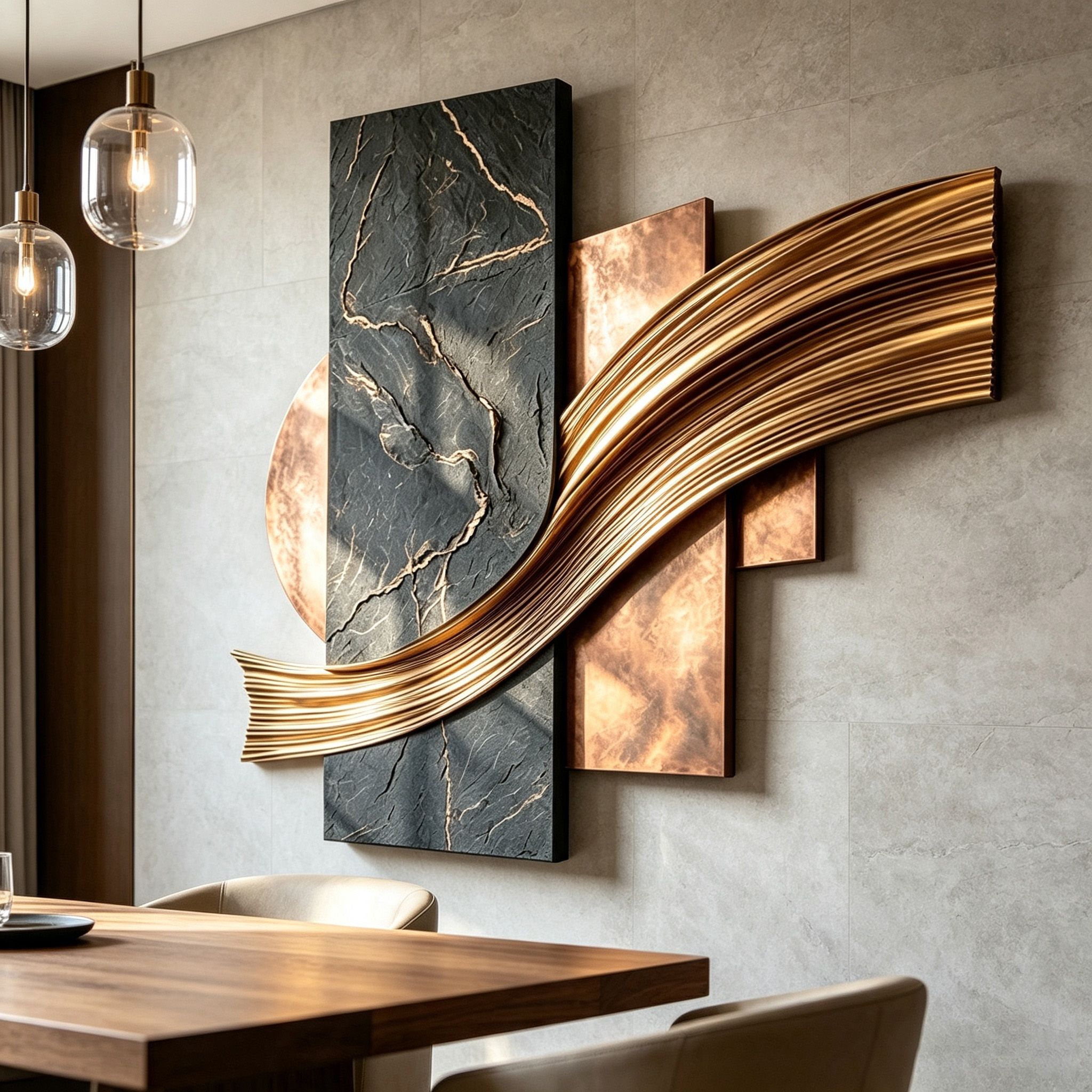 3D Wood Wall Art, Abstract Geometric Wall Sculpture, Gold Wave Wood Decor, Organic Modern Luxury Statement Wall Art
