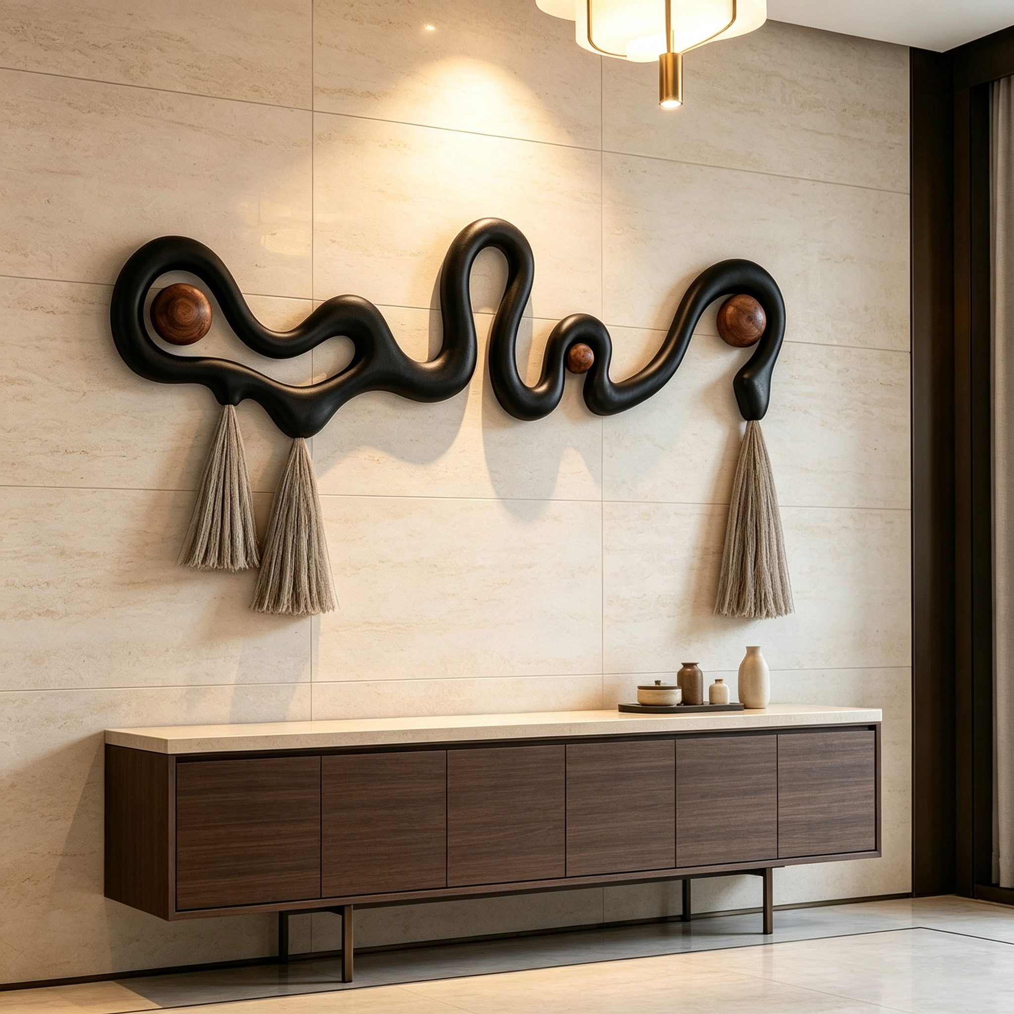 Abstract Wood Wall Art, Black Organic Modern Sculptural Decor with Tassels