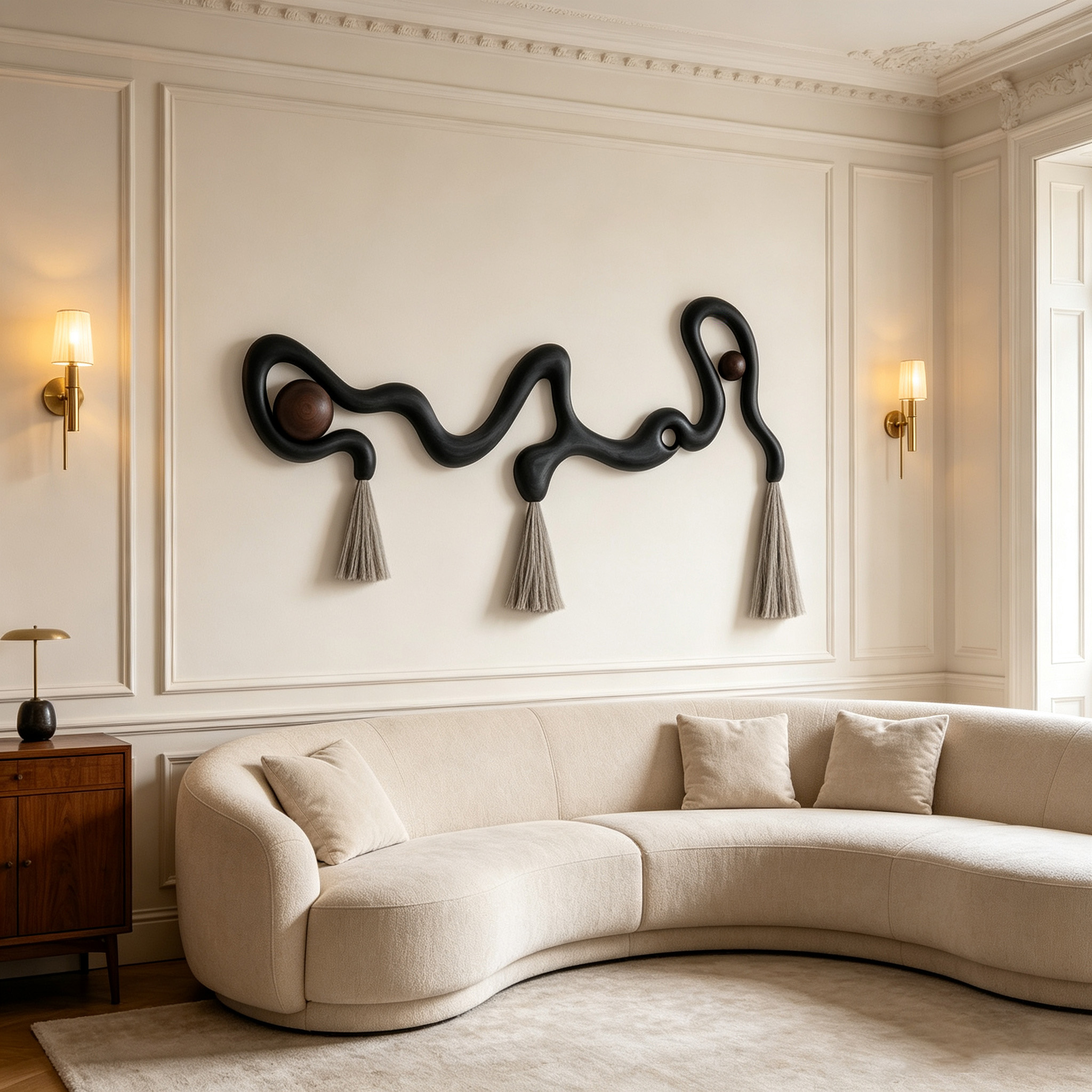 Sculptural Organic Wall Hanging | Dark Wood Wavy Art with Macrame Tassels & Beads | Abstract Boho Wall Decor | Modern Entryway Accent