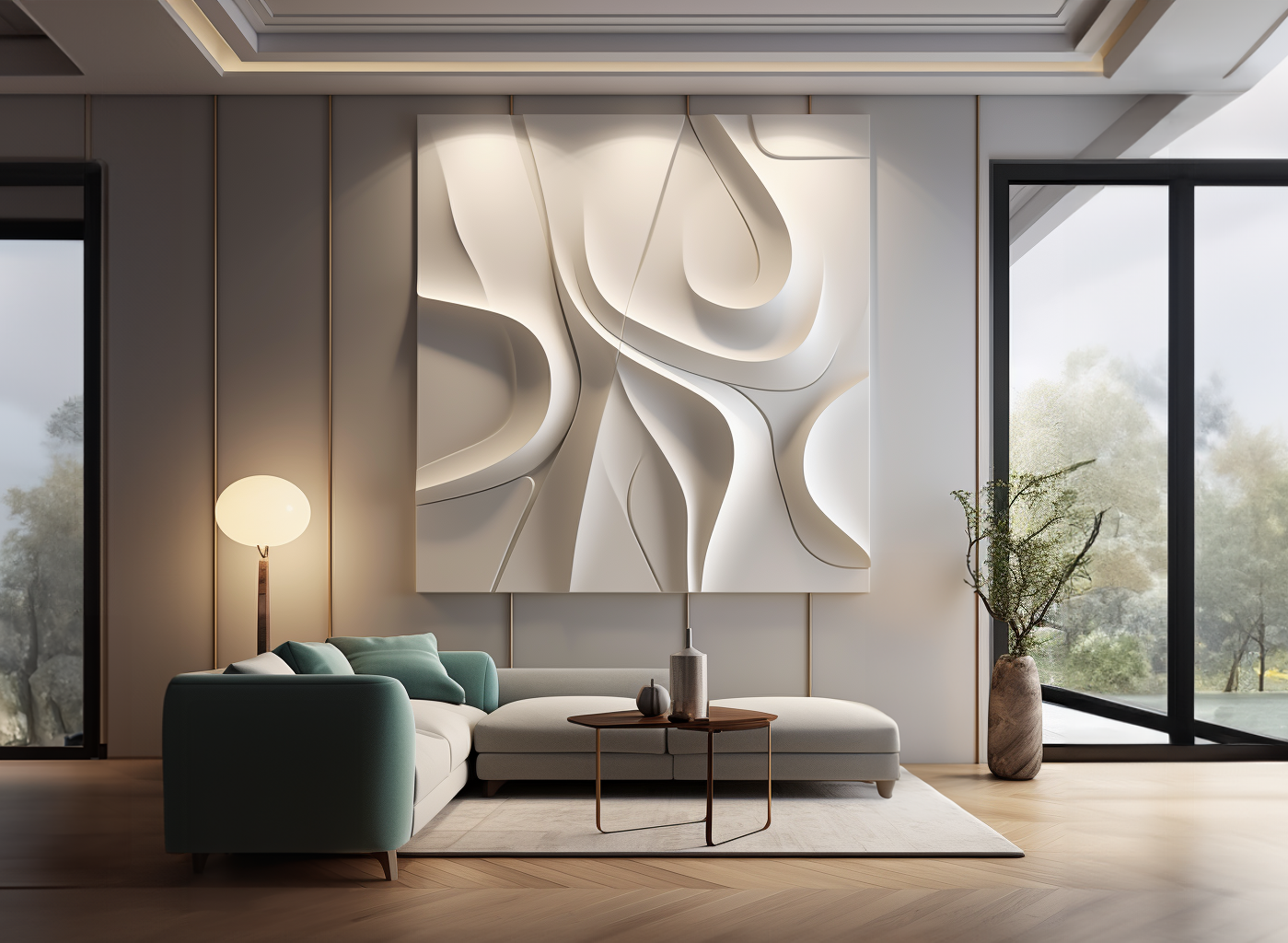 Large textured wave & line wall art- 3d vision with all white board- wood carving
