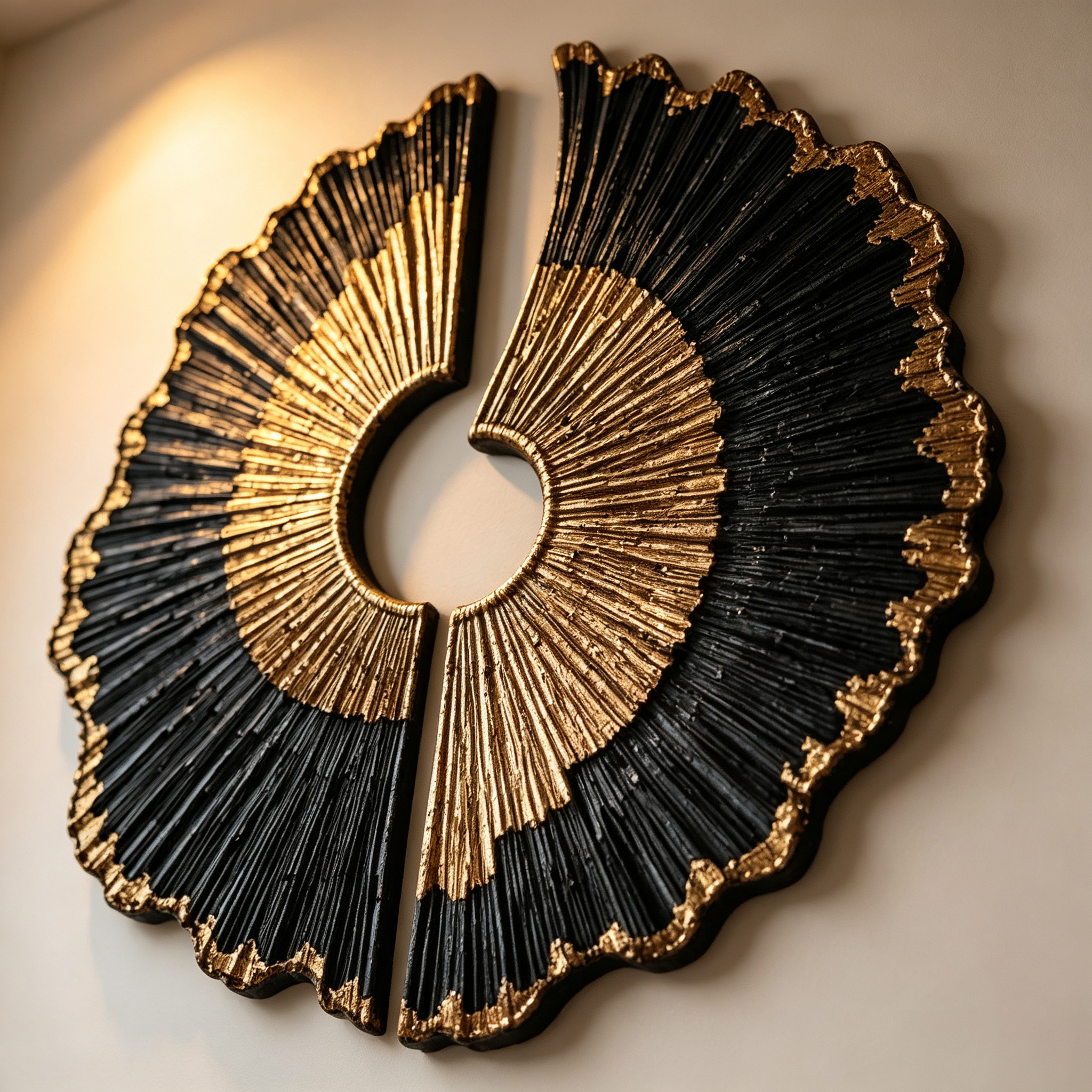 Black Gold Wood Wall Art, 3D Sunburst Wall Sculpture, Abstract Organic Modern Wood Decor, Luxury Textured Statement Wall Art