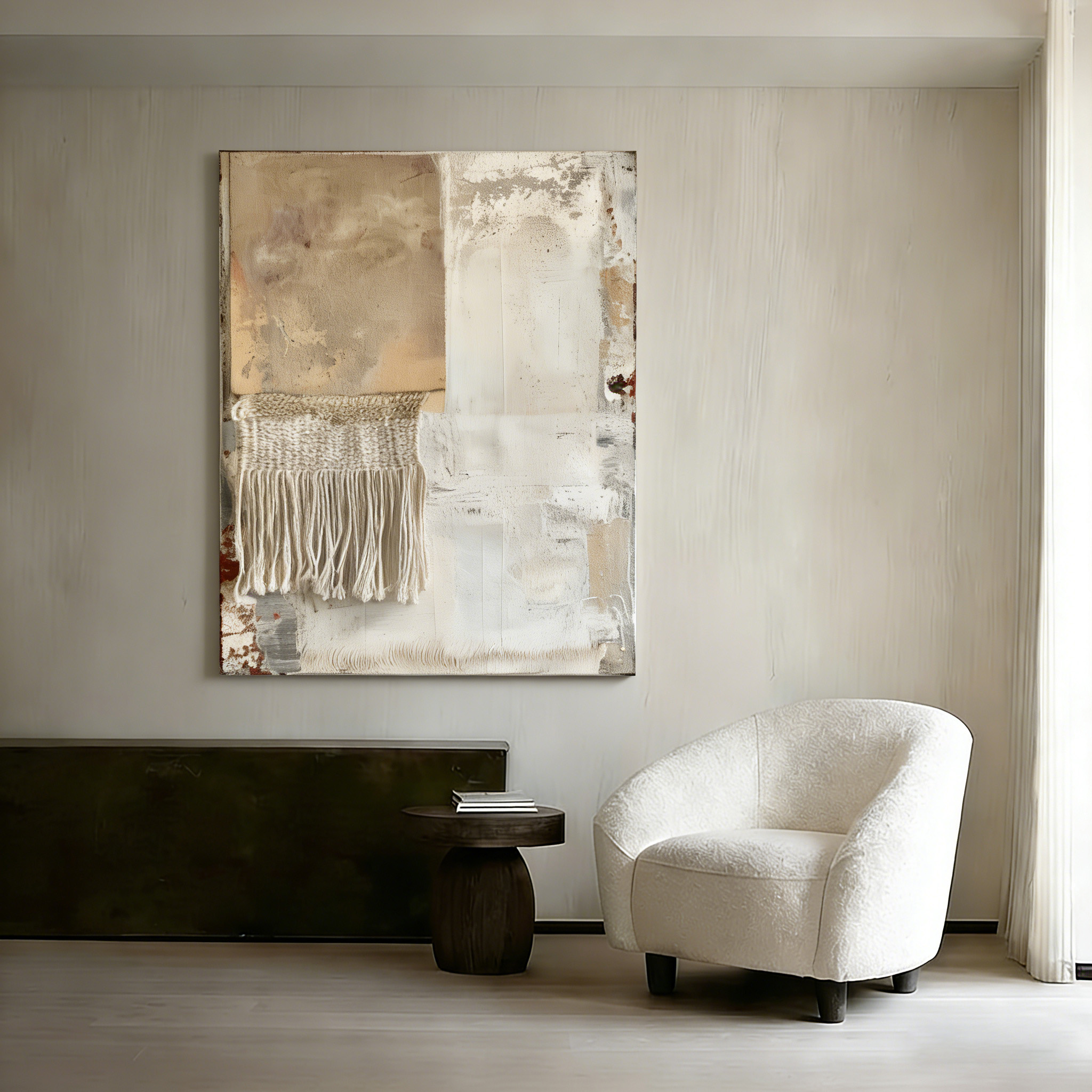 Neutral Textured Wall Art with Fiber Fringe, Handmade Mixed Media Canvas, Boho Minimalist Wall Decor Beige Abstract Art