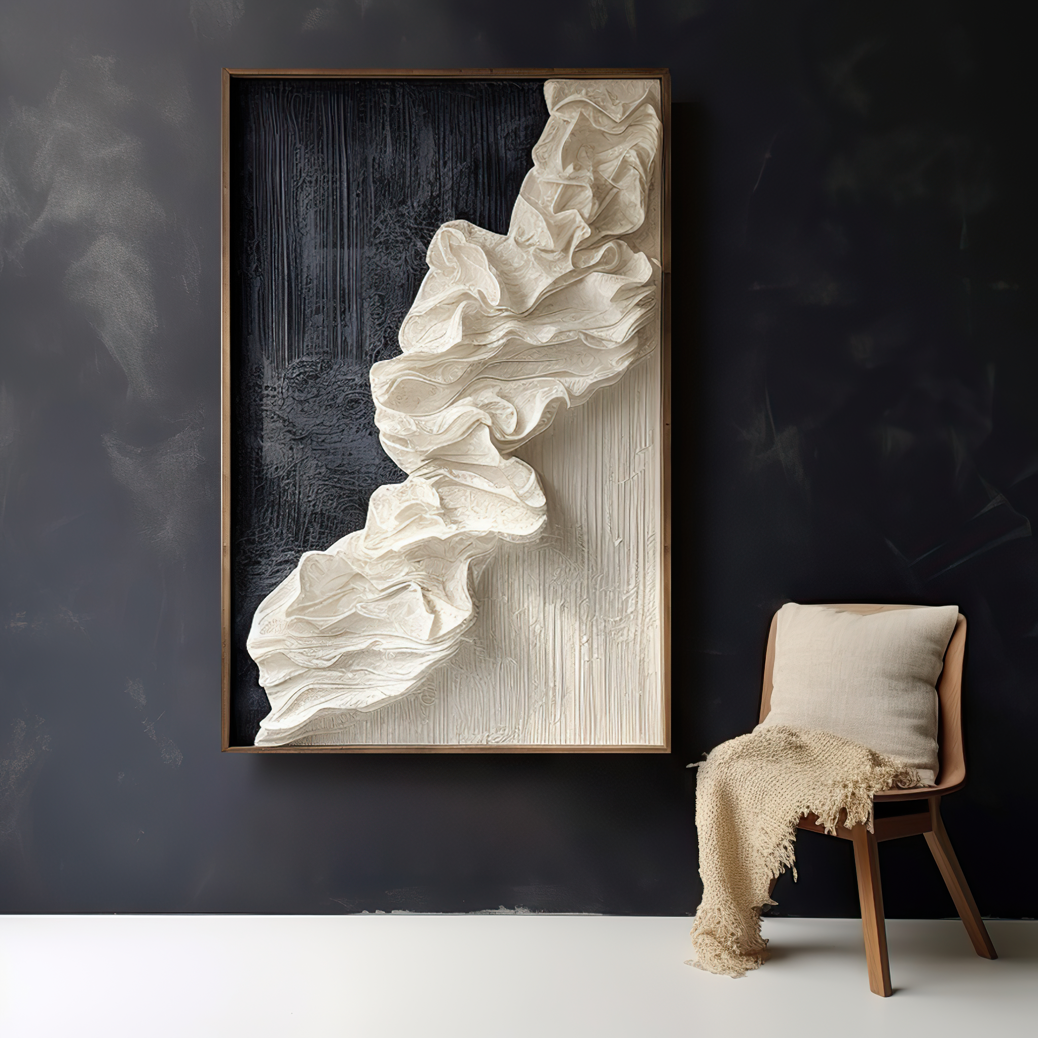 Minimalist canvas board- white textured wave flower- canvas&leather