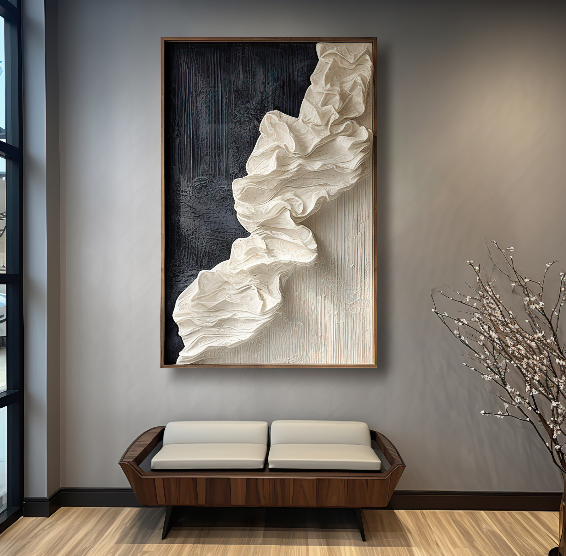 Minimalist canvas board- white textured wave flower- canvas&leather