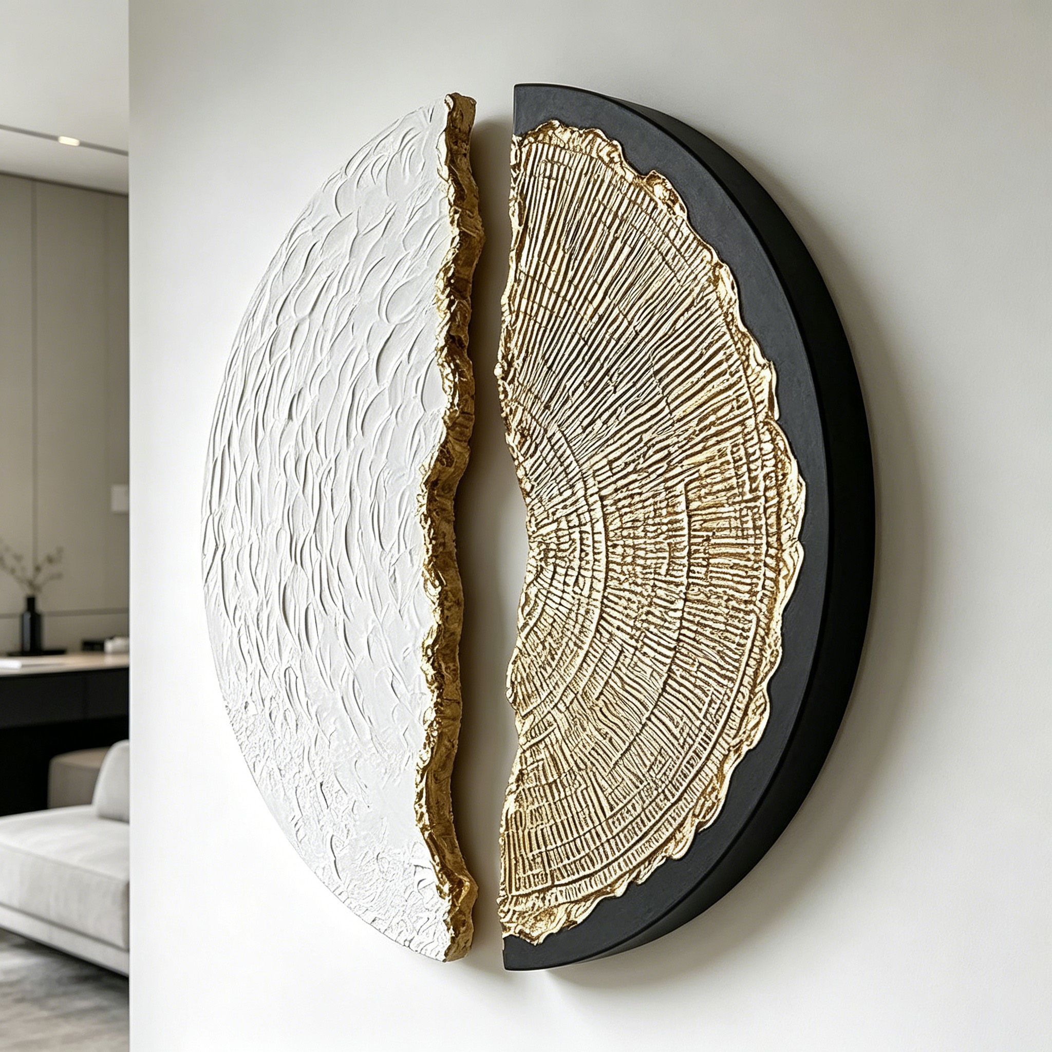 Abstract Wood Wall Art, 3D Half Moon Wood Sculpture, Wabi Sabi Wall Decor, Gold Black Textured Artwork, Modern Luxury Wall Art