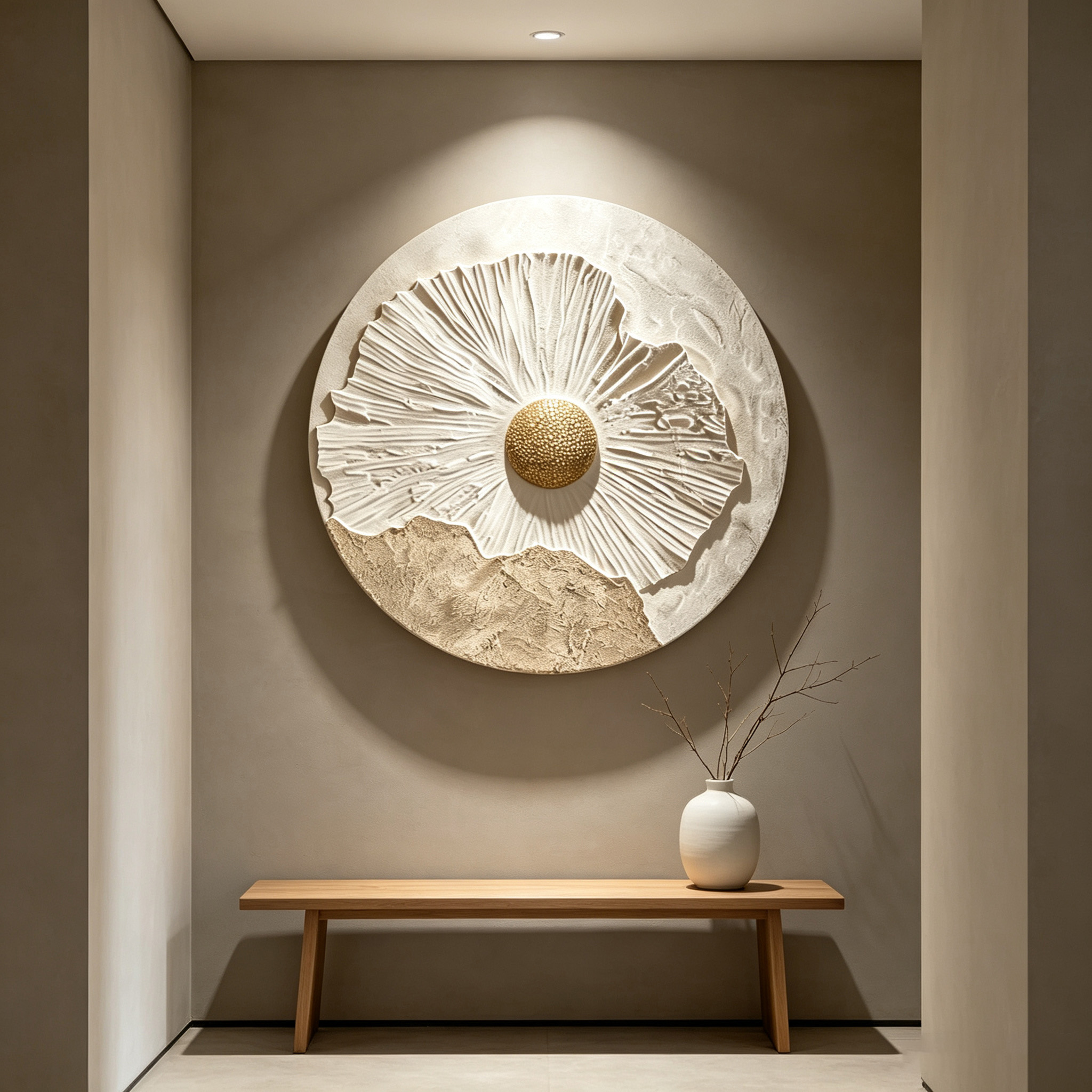 3D Floral Wood Wall Art, Round Botanical Relief Sculpture, Wabi Sabi Wall Decor, Neutral Textured Art, Gold Flower Wall Decor
