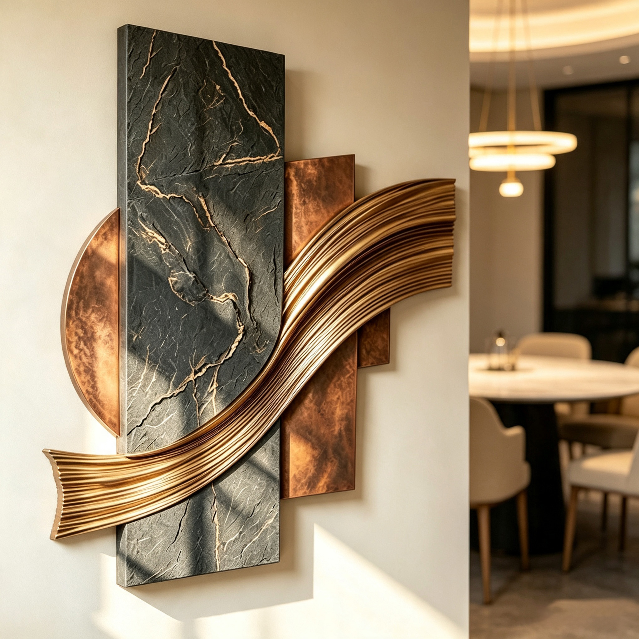 3D Wood Wall Art, Abstract Geometric Wall Sculpture, Gold Wave Wood Decor, Organic Modern Luxury Statement Wall Art
