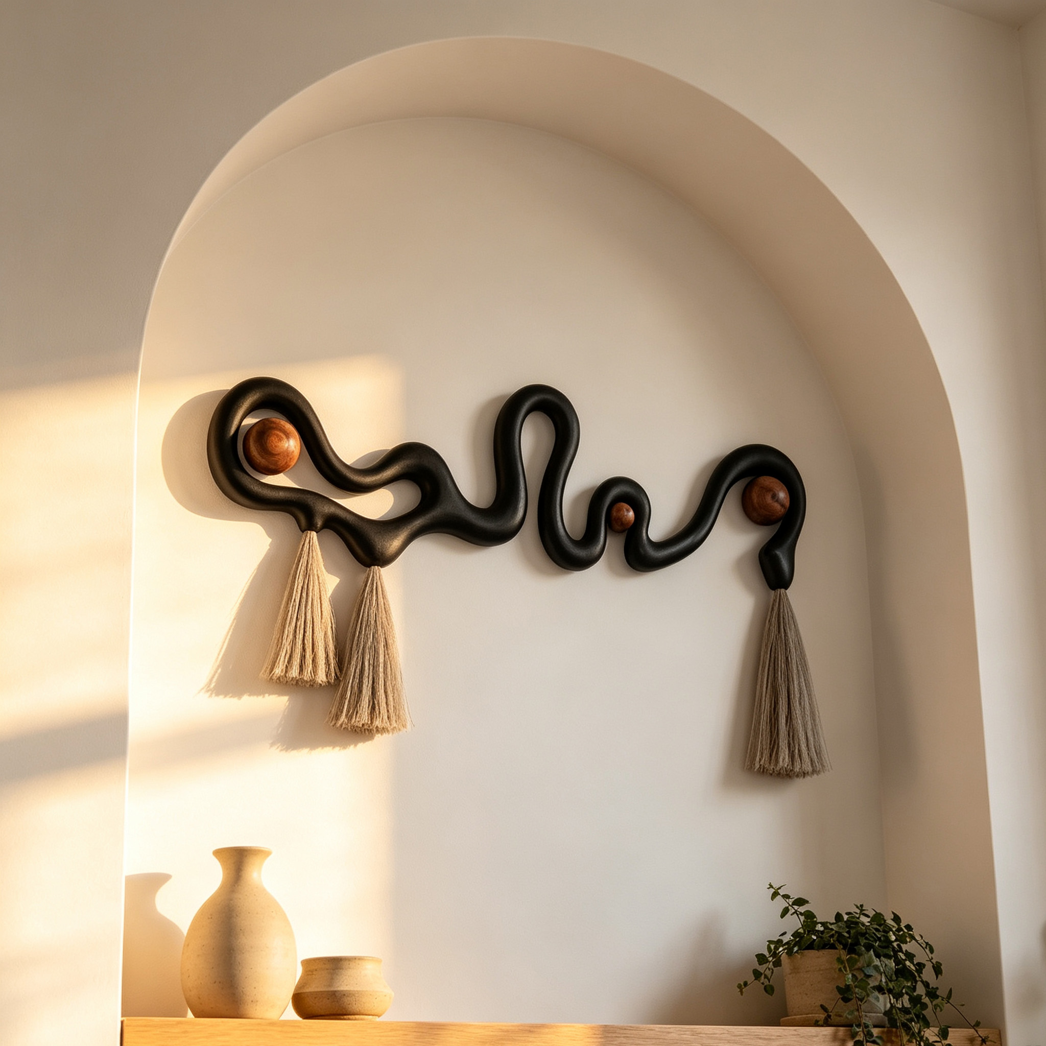 Abstract Wood Wall Art, Black Organic Modern Sculptural Decor with Tassels