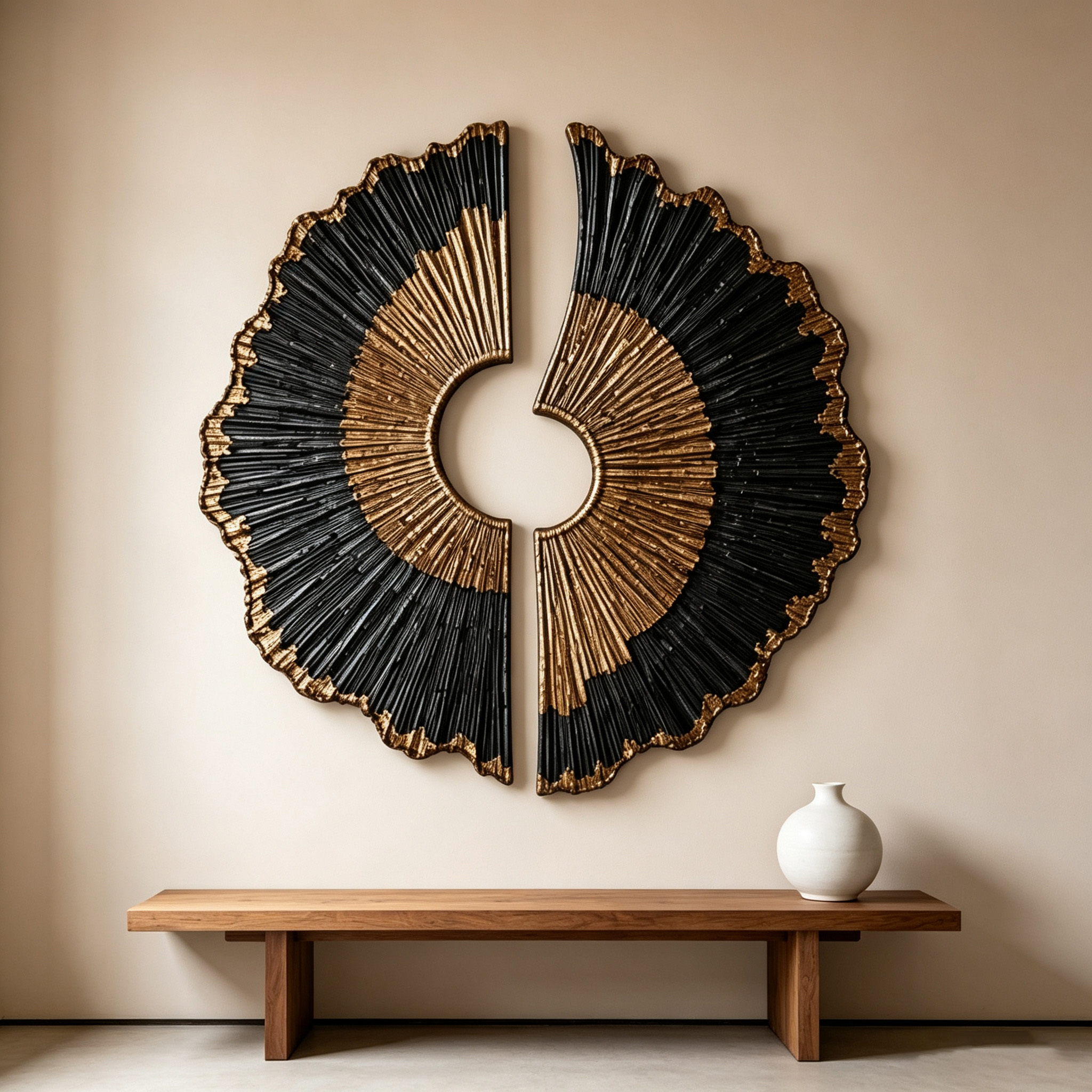 Black Gold Wood Wall Art, 3D Sunburst Wall Sculpture, Abstract Organic Modern Wood Decor, Luxury Textured Statement Wall Art