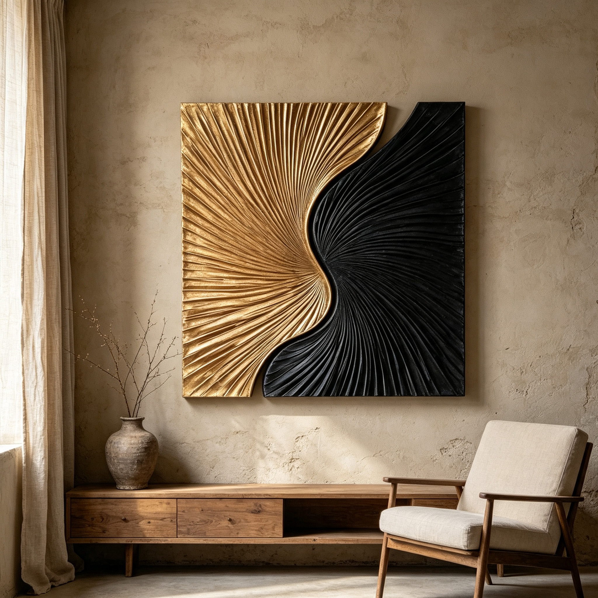 Black Gold Wood Wall Art, 3D Abstract Wood Sculpture, Organic Modern Textured Wall Decor, Luxury Statement Wall Art