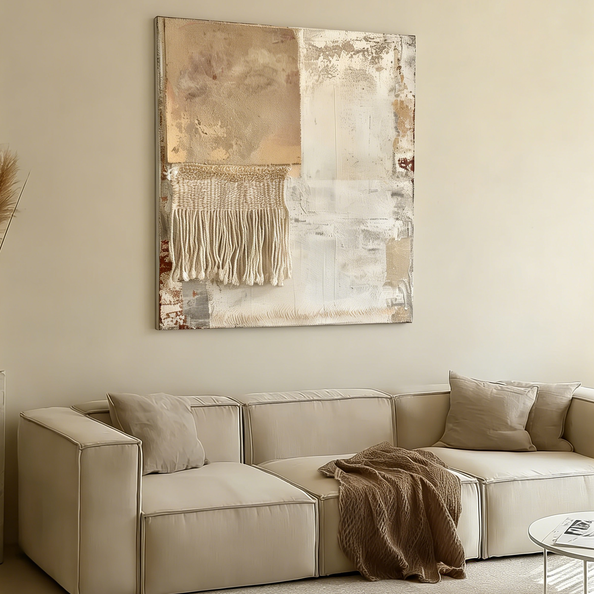 Neutral Textured Wall Art with Fiber Fringe, Handmade Mixed Media Canvas, Boho Minimalist Wall Decor Beige Abstract Art