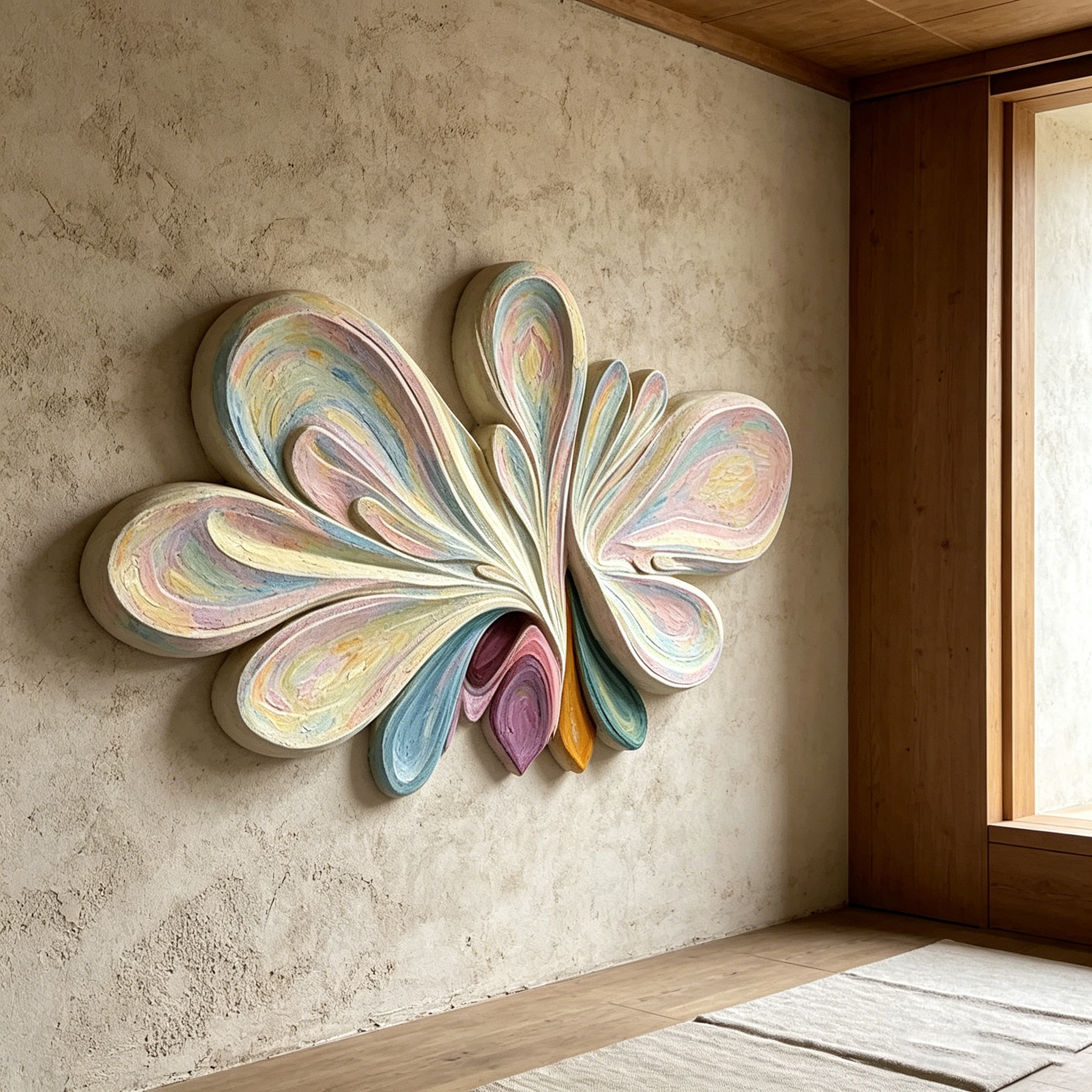 Pastel Abstract Wooden Wall Art, 3D Sculptural Wood Wall Decor, Textured Boho Wall Hanging, Large Statement Wall Art, Modern Home Decor