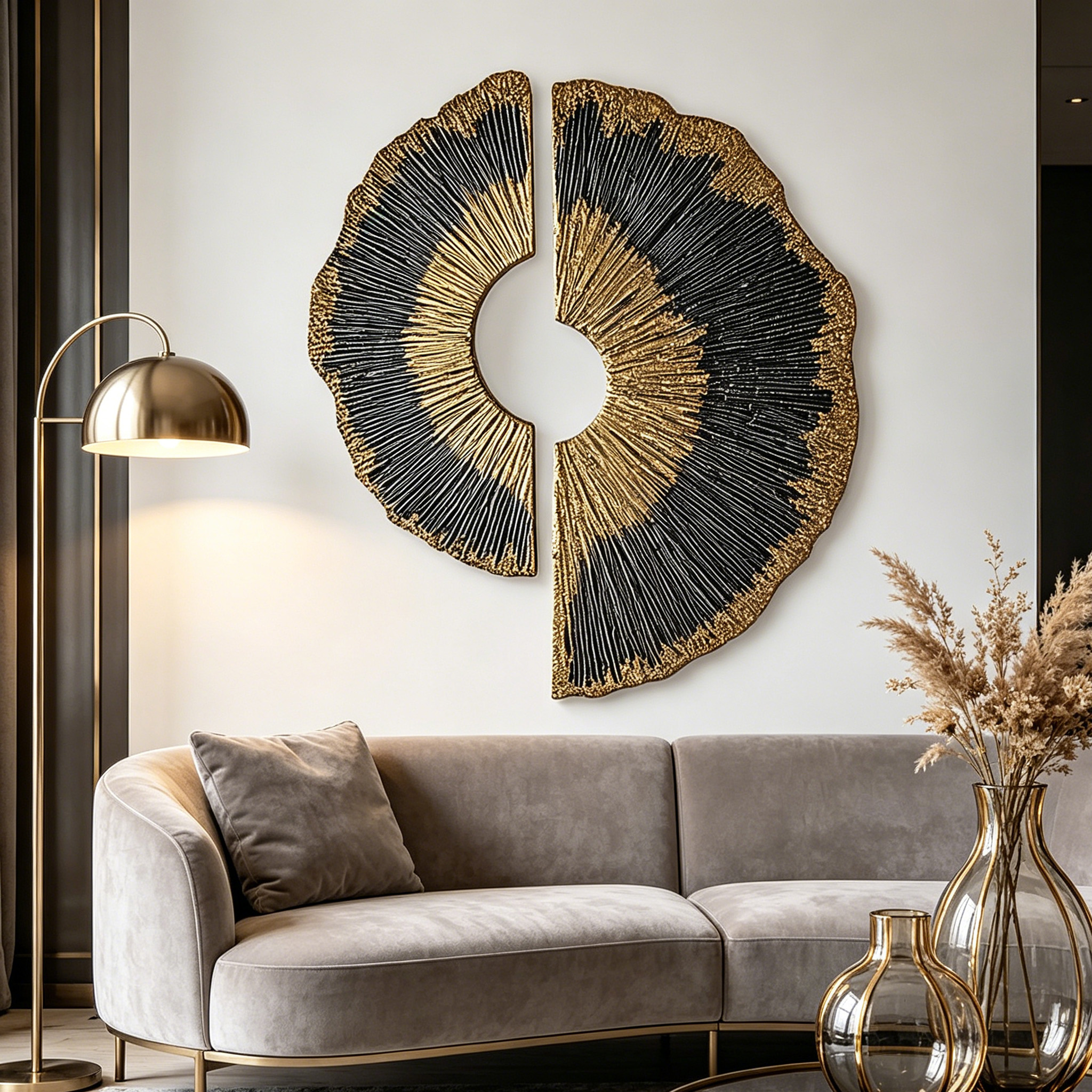 Large Wood Wall Art, 3D Gold Black Wood Sculpture, Abstract Round Wall Decor, Wabi Sabi Textured Artwork, Luxury Modern Wall Art