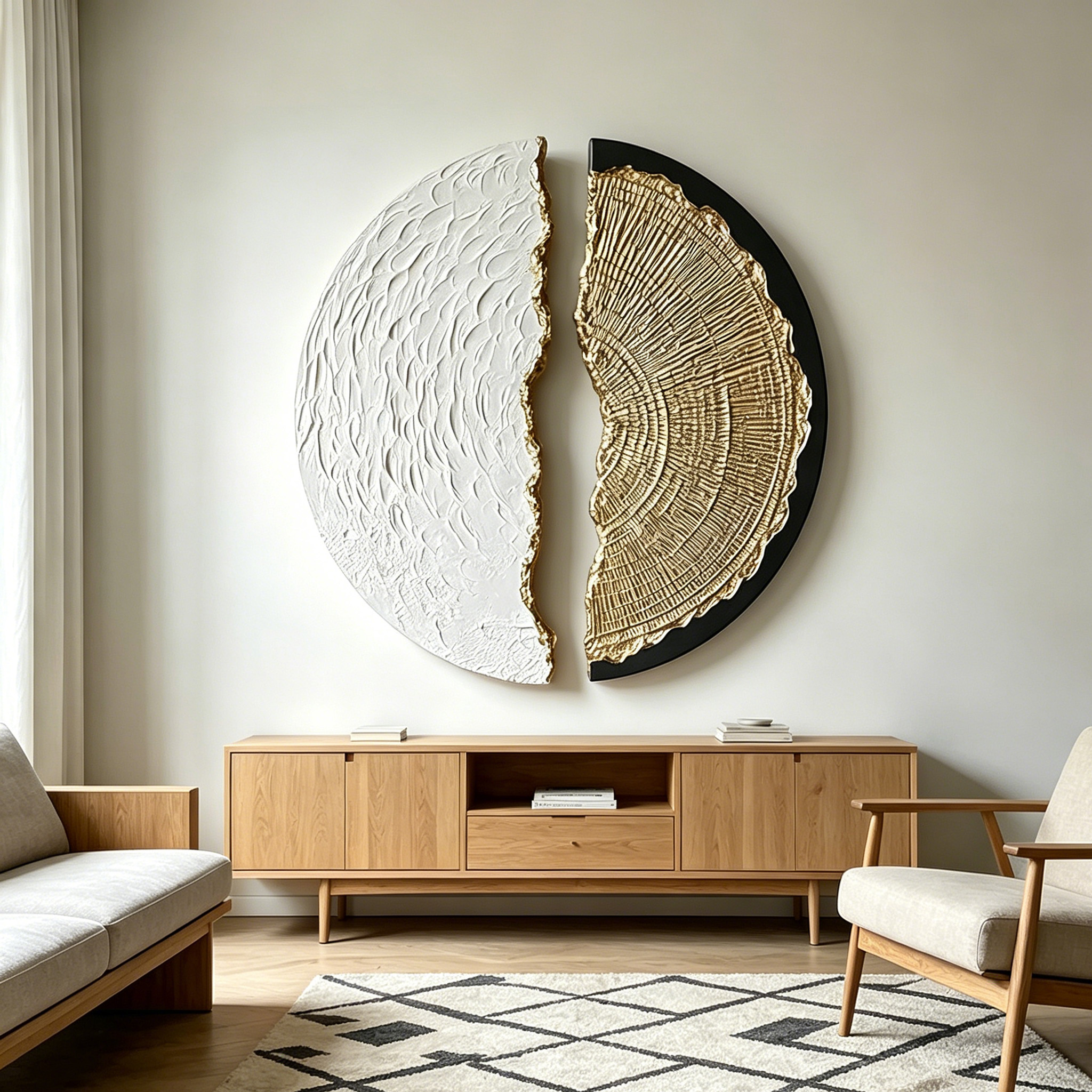 Abstract Wood Wall Art, 3D Half Moon Wood Sculpture, Wabi Sabi Wall Decor, Gold Black Textured Artwork, Modern Luxury Wall Art