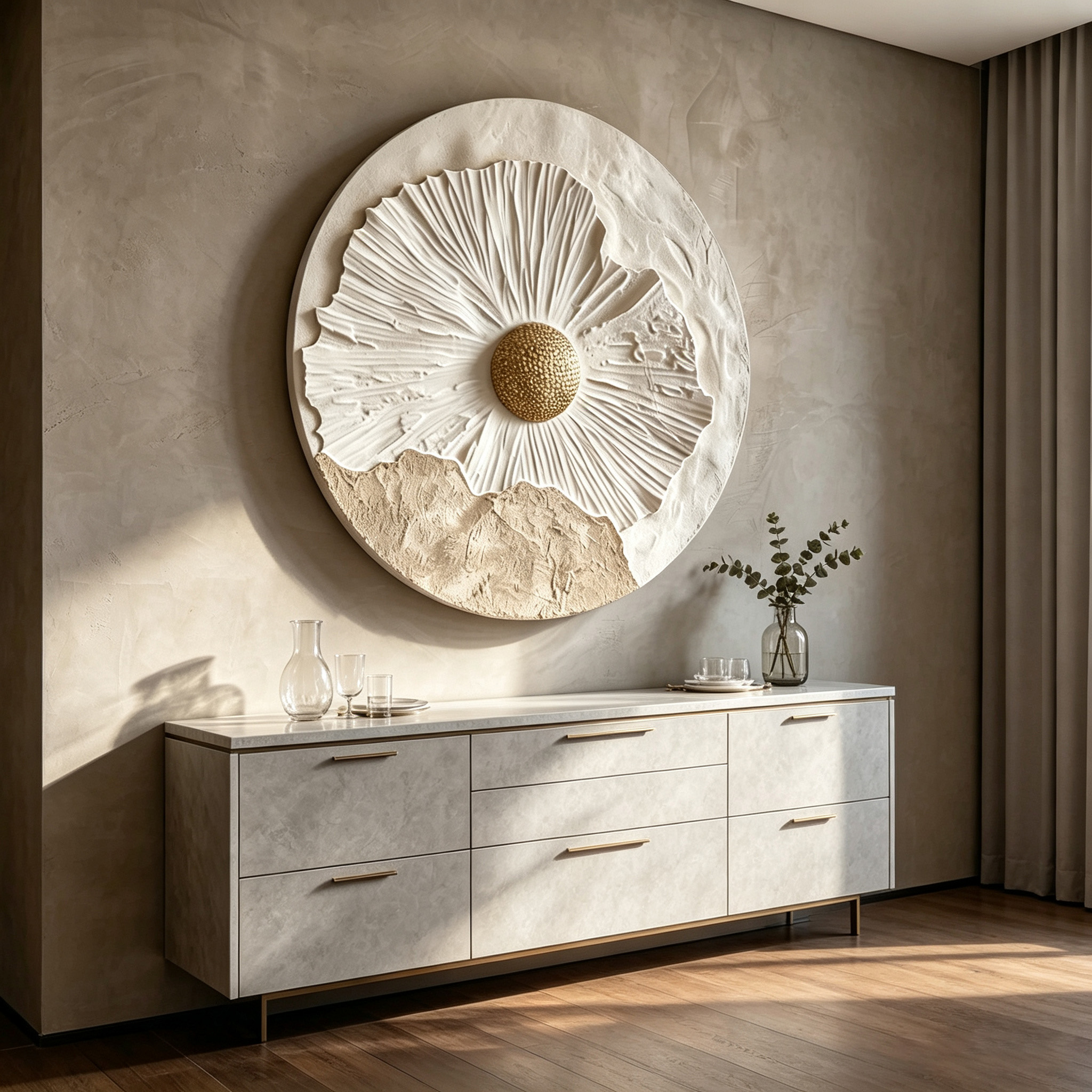 3D Floral Wood Wall Art, Round Botanical Relief Sculpture, Wabi Sabi Wall Decor, Neutral Textured Art, Gold Flower Wall Decor