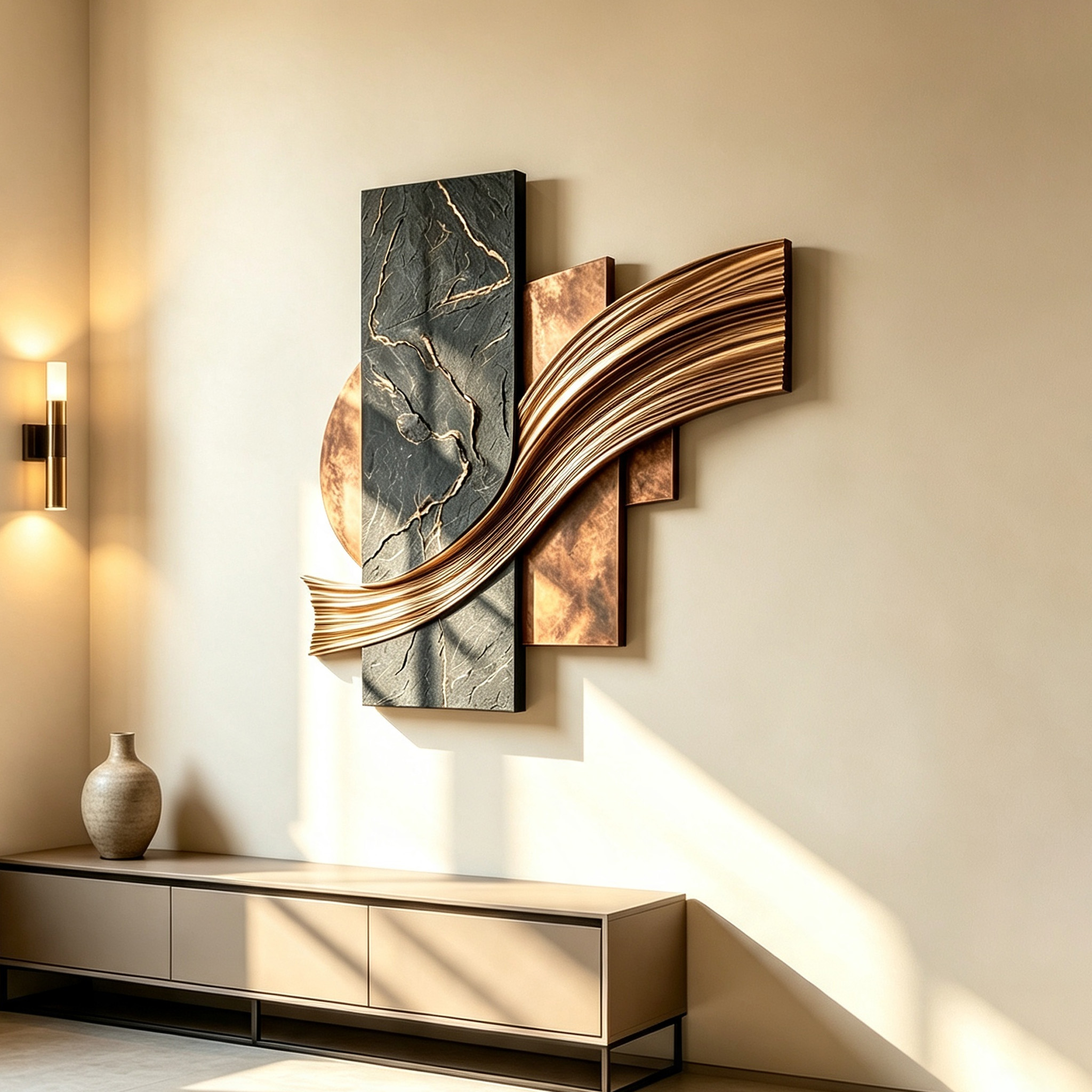 3D Wood Wall Art, Abstract Geometric Wall Sculpture, Gold Wave Wood Decor, Organic Modern Luxury Statement Wall Art
