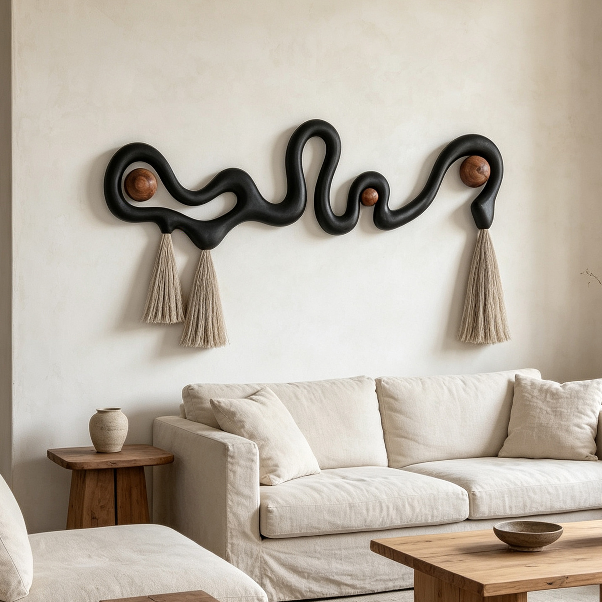 Abstract Wood Wall Art, Black Organic Modern Sculptural Decor with Tassels