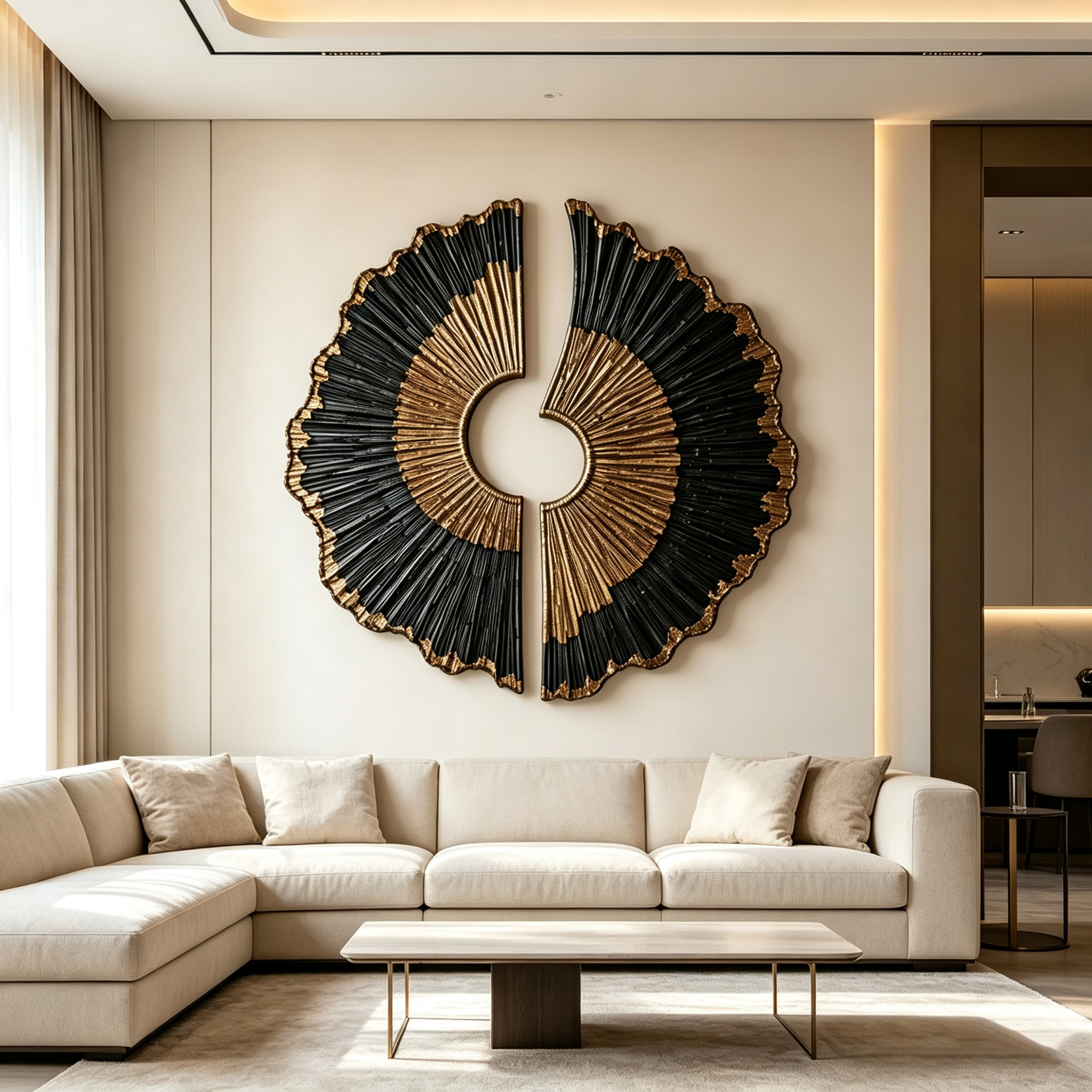 Black Gold Wood Wall Art, 3D Sunburst Wall Sculpture, Abstract Organic Modern Wood Decor, Luxury Textured Statement Wall Art