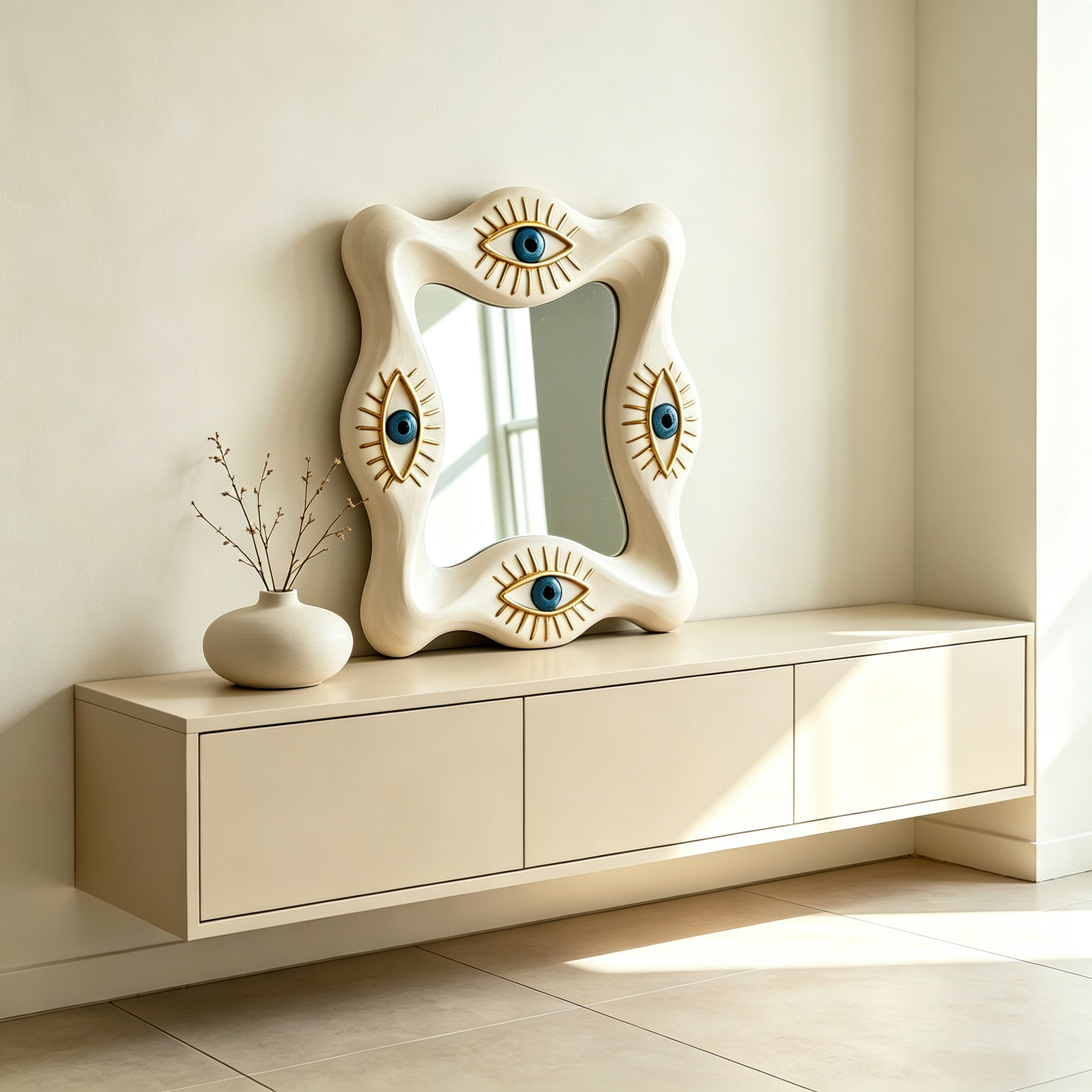 Evil Eye Wall Mirror, Wavy Wood Mirror, Sculptural Organic Mirror, All Seeing Eye Decor, Unique Statement Wall Art, Mystical Home Decor