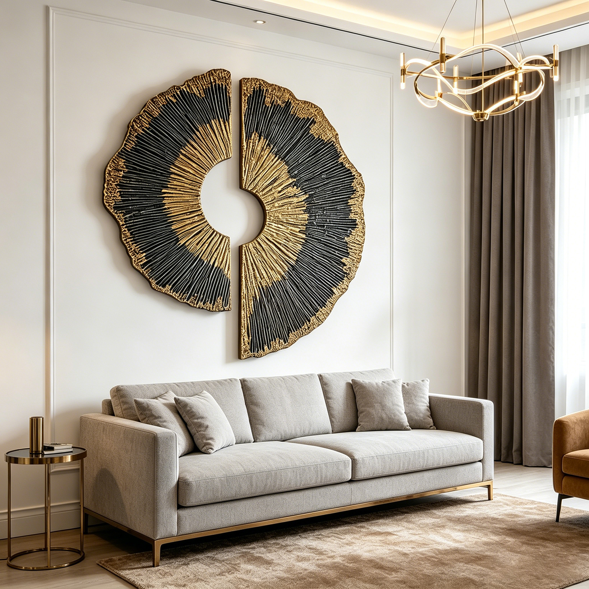 Large Wood Wall Art, 3D Gold Black Wood Sculpture, Abstract Round Wall Decor, Wabi Sabi Textured Artwork, Luxury Modern Wall Art