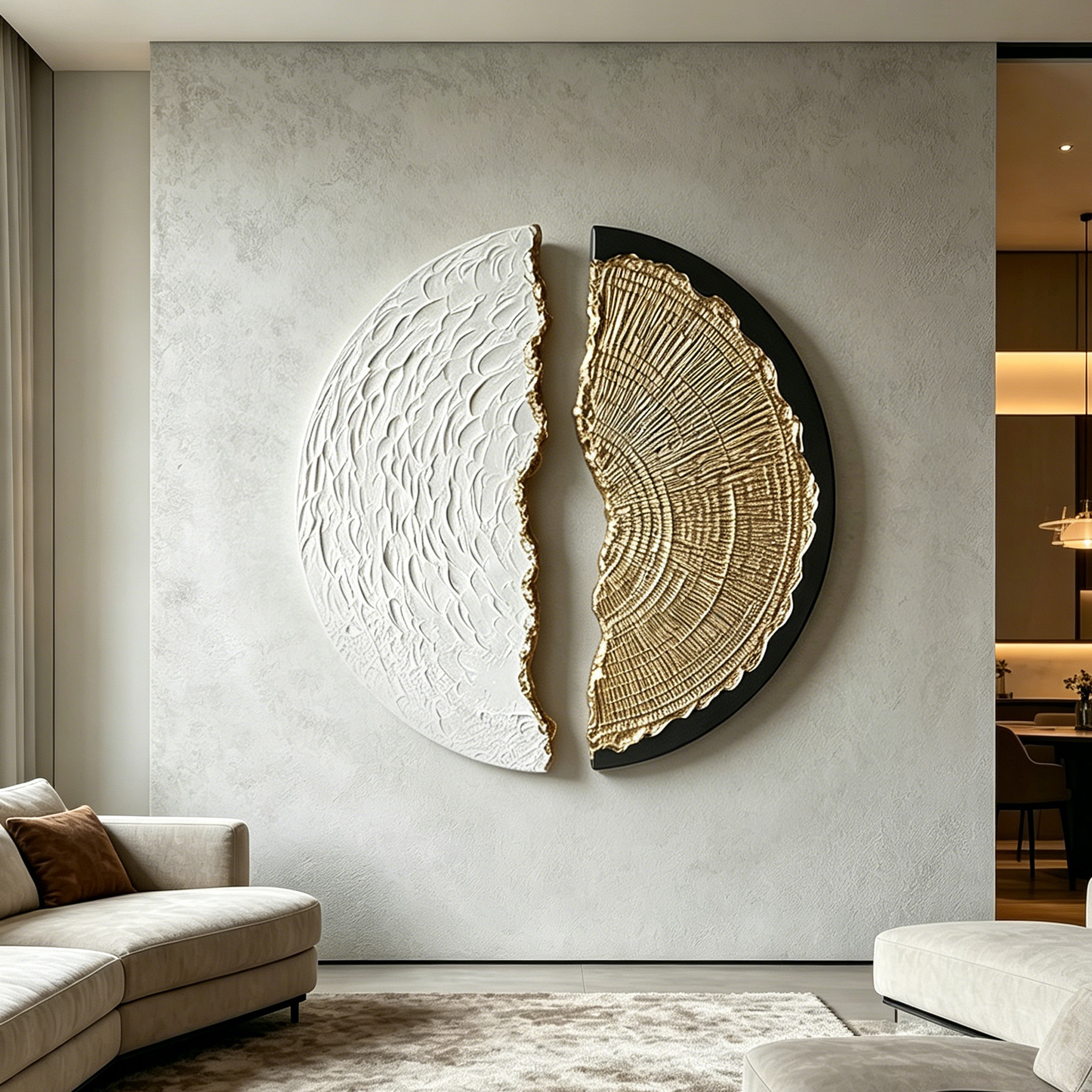 Abstract Wood Wall Art, 3D Half Moon Wood Sculpture, Wabi Sabi Wall Decor, Gold Black Textured Artwork, Modern Luxury Wall Art