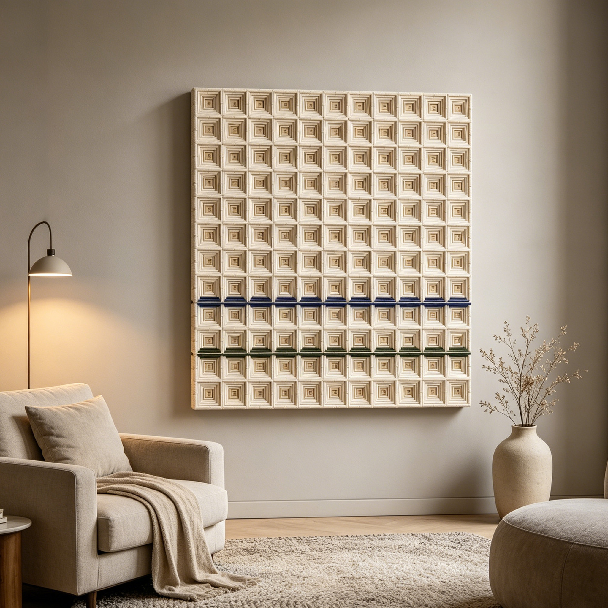 Geometric Fiber Wall Art, White Textile Wall Hanging, Modern 3D Fiber Sculpture, Neutral Minimalist Wall Decor, Handmade Cotton Rope Art