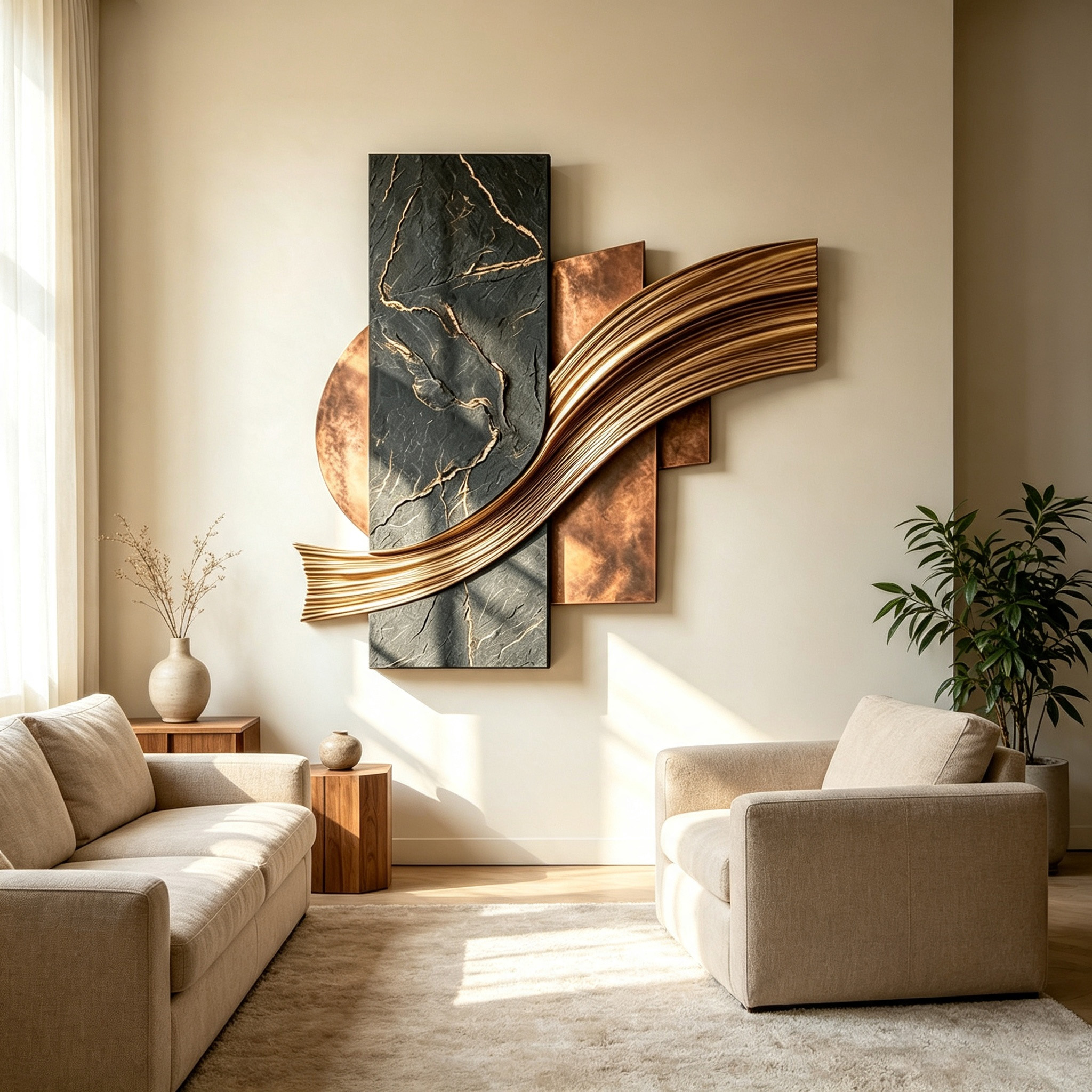 3D Wood Wall Art, Abstract Geometric Wall Sculpture, Gold Wave Wood Decor, Organic Modern Luxury Statement Wall Art