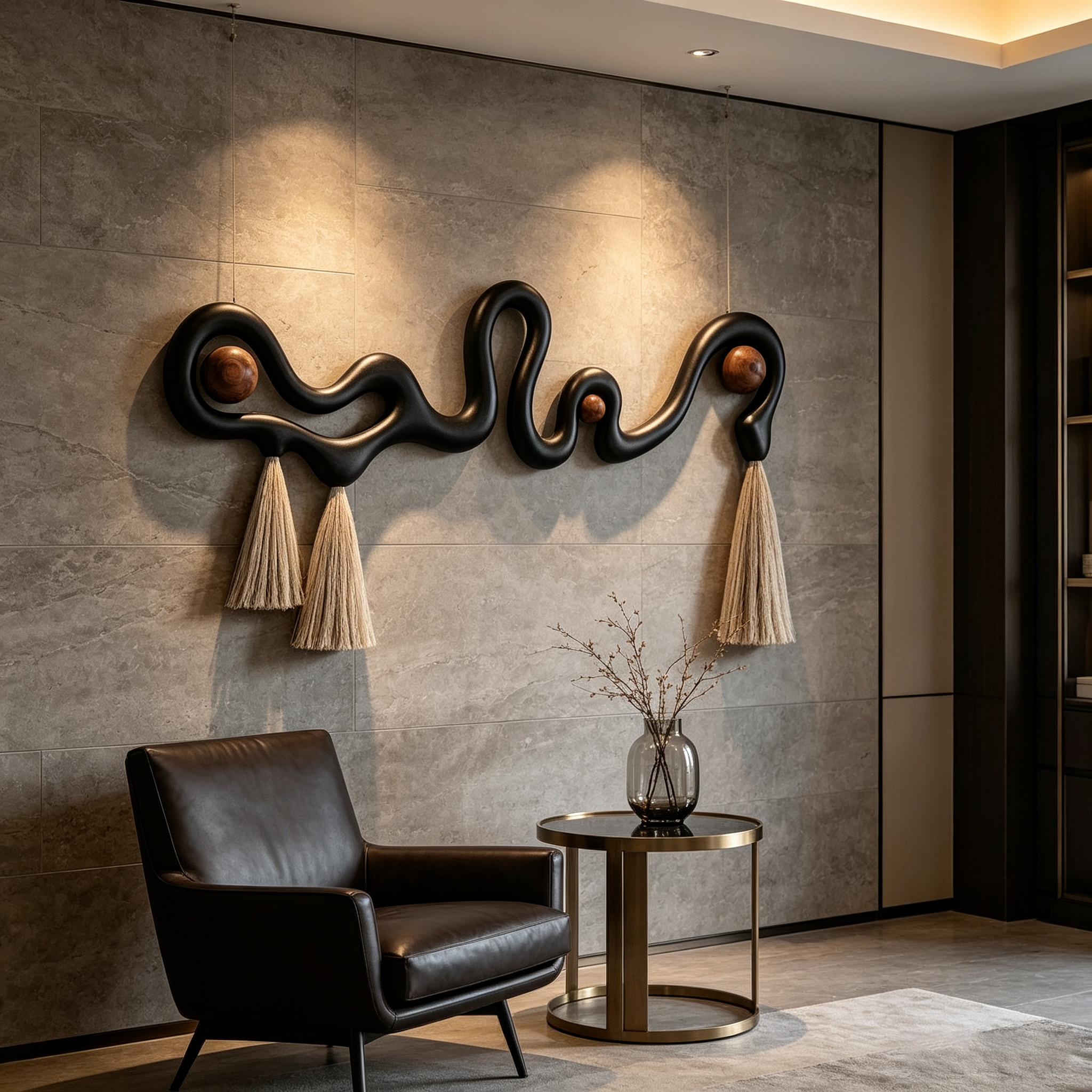 Abstract Wood Wall Art, Black Organic Modern Sculptural Decor with Tassels