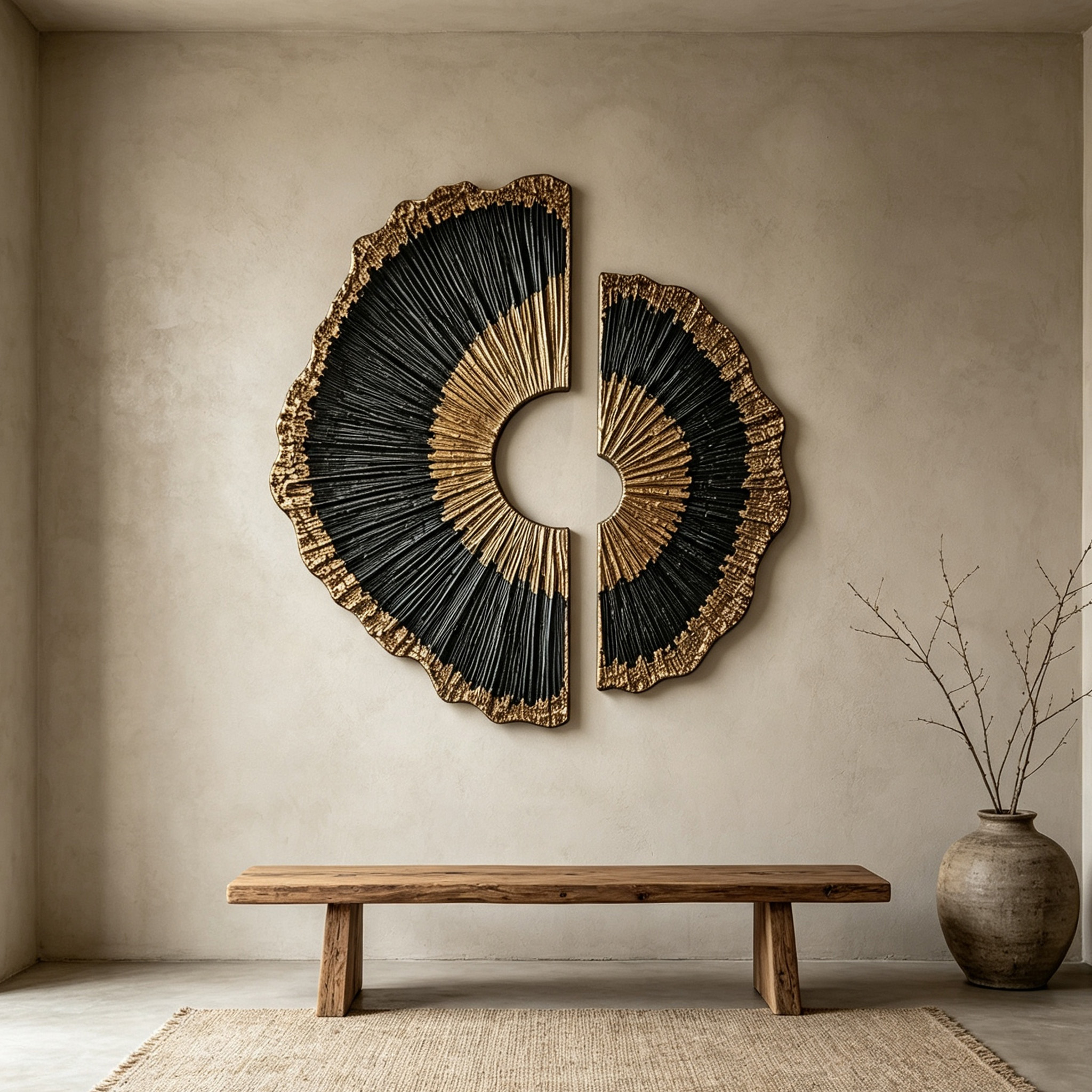 Black Gold Wood Wall Art, 3D Sunburst Wall Sculpture, Organic Modern Abstract Wood Decor, Textured Luxury Statement Wall Art