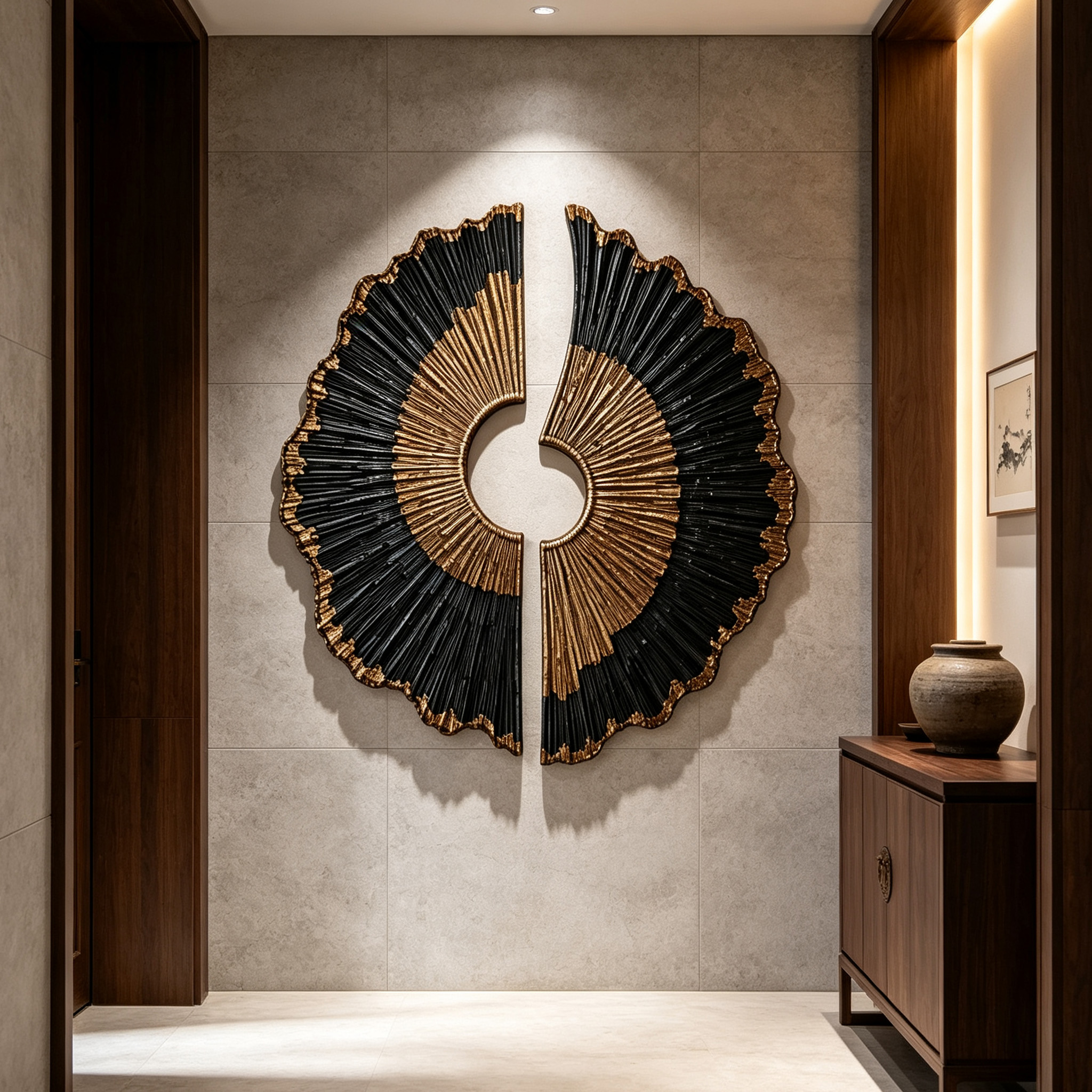 Black Gold Wood Wall Art, 3D Sunburst Wall Sculpture, Abstract Organic Modern Wood Decor, Luxury Textured Statement Wall Art