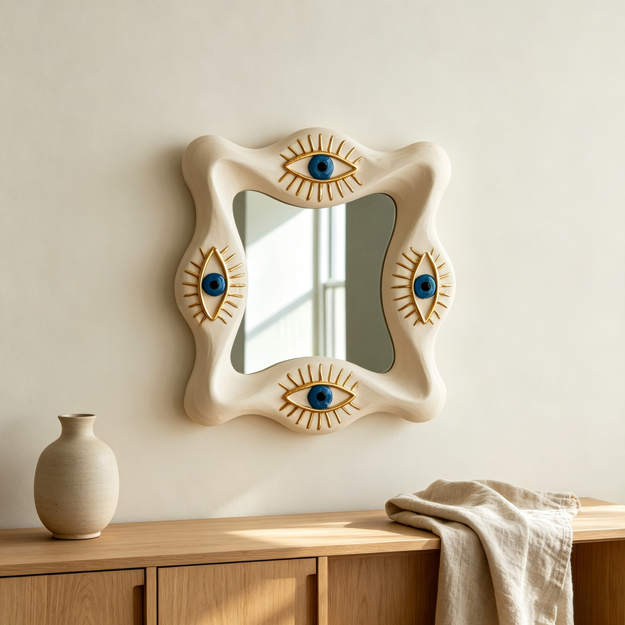 Evil Eye Wall Mirror, Wavy Wood Mirror, Sculptural Organic Mirror, All Seeing Eye Decor, Unique Statement Wall Art, Mystical Home Decor