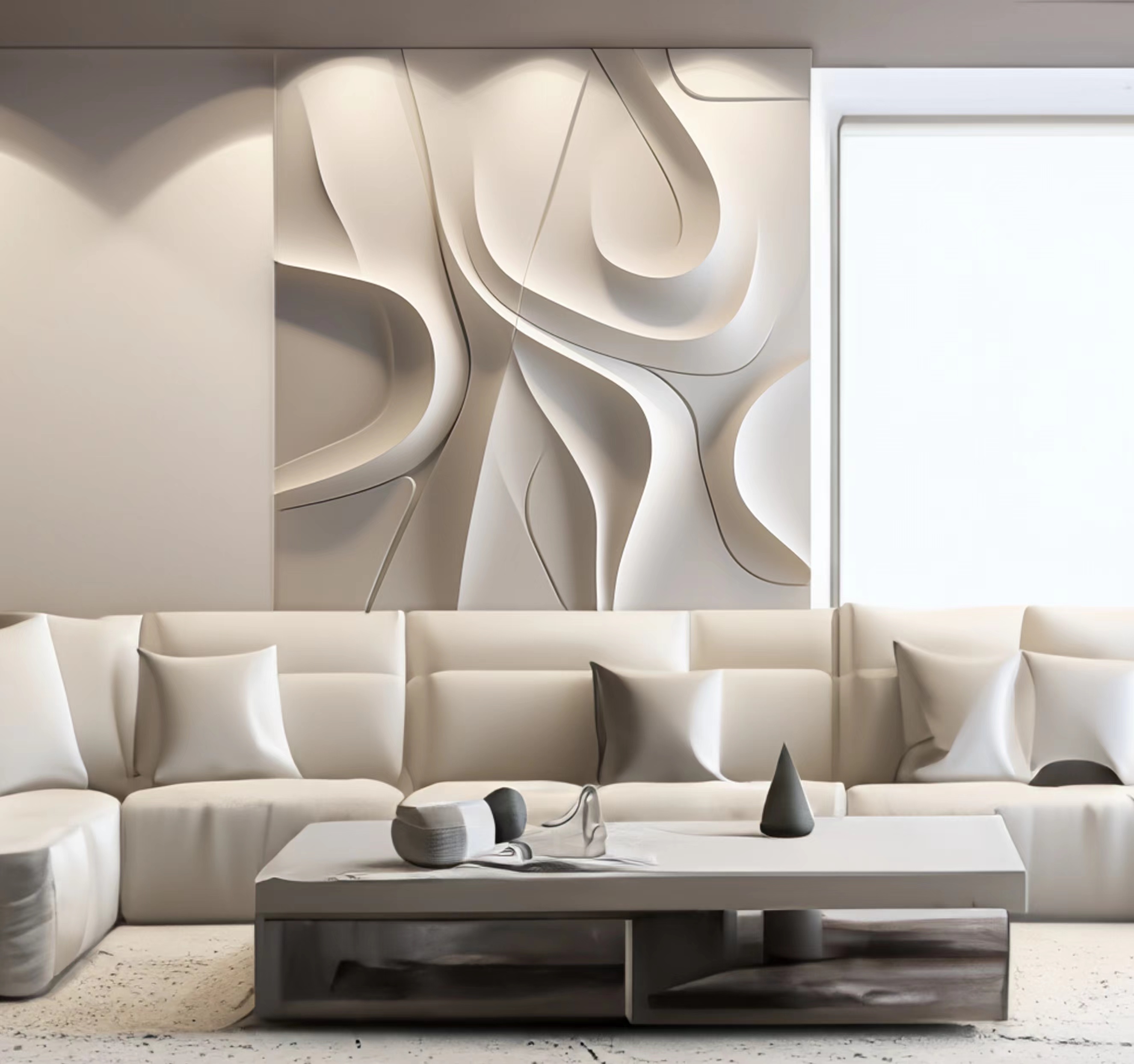 Large textured wave & line wall art- 3d vision with all white board- wood carving