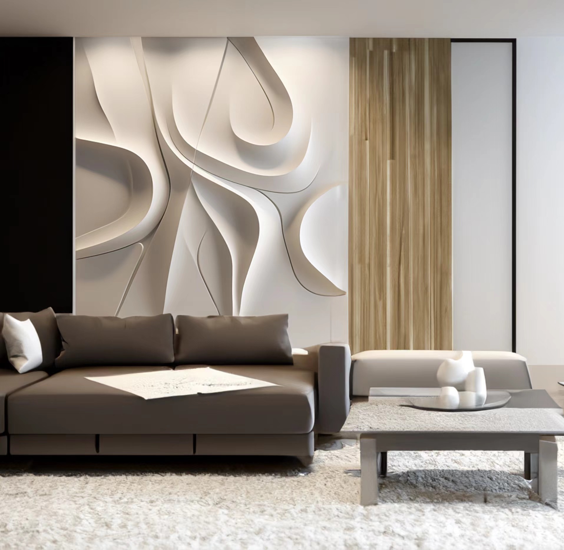Large textured wave & line wall art- 3d vision with all white board- wood carving