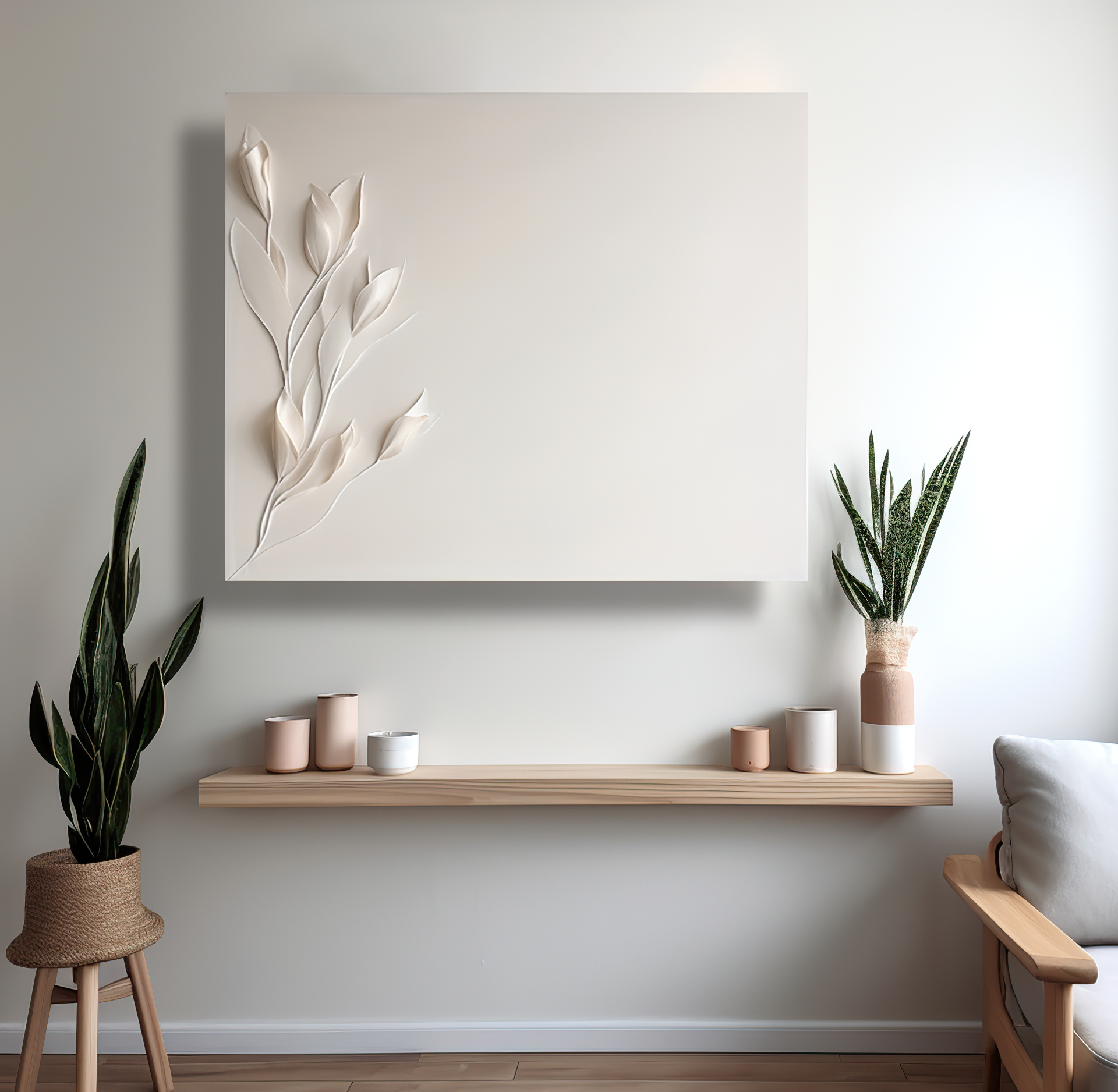 minimalist white wall art- a bouquet of flowers- wood carving