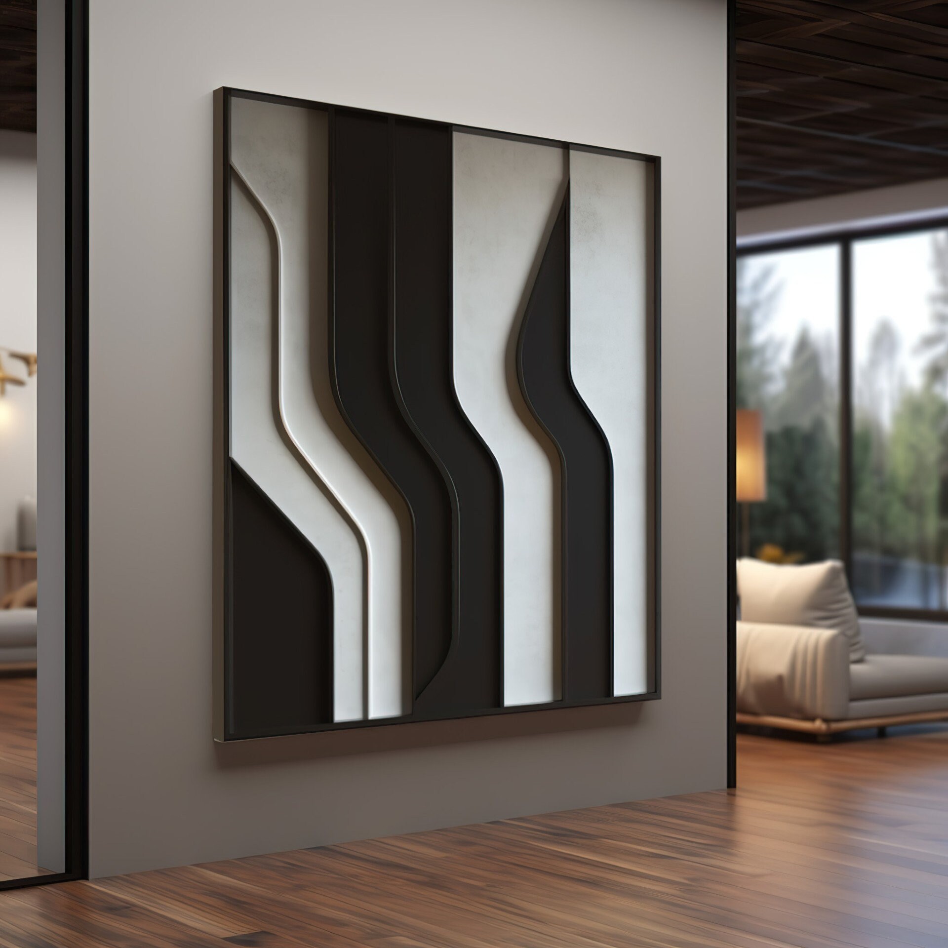 Black and White Minimalist Wall Art Panel – Modern Abstract Home Decor | Monochrome Sculptural Hanging for Living Room or Office