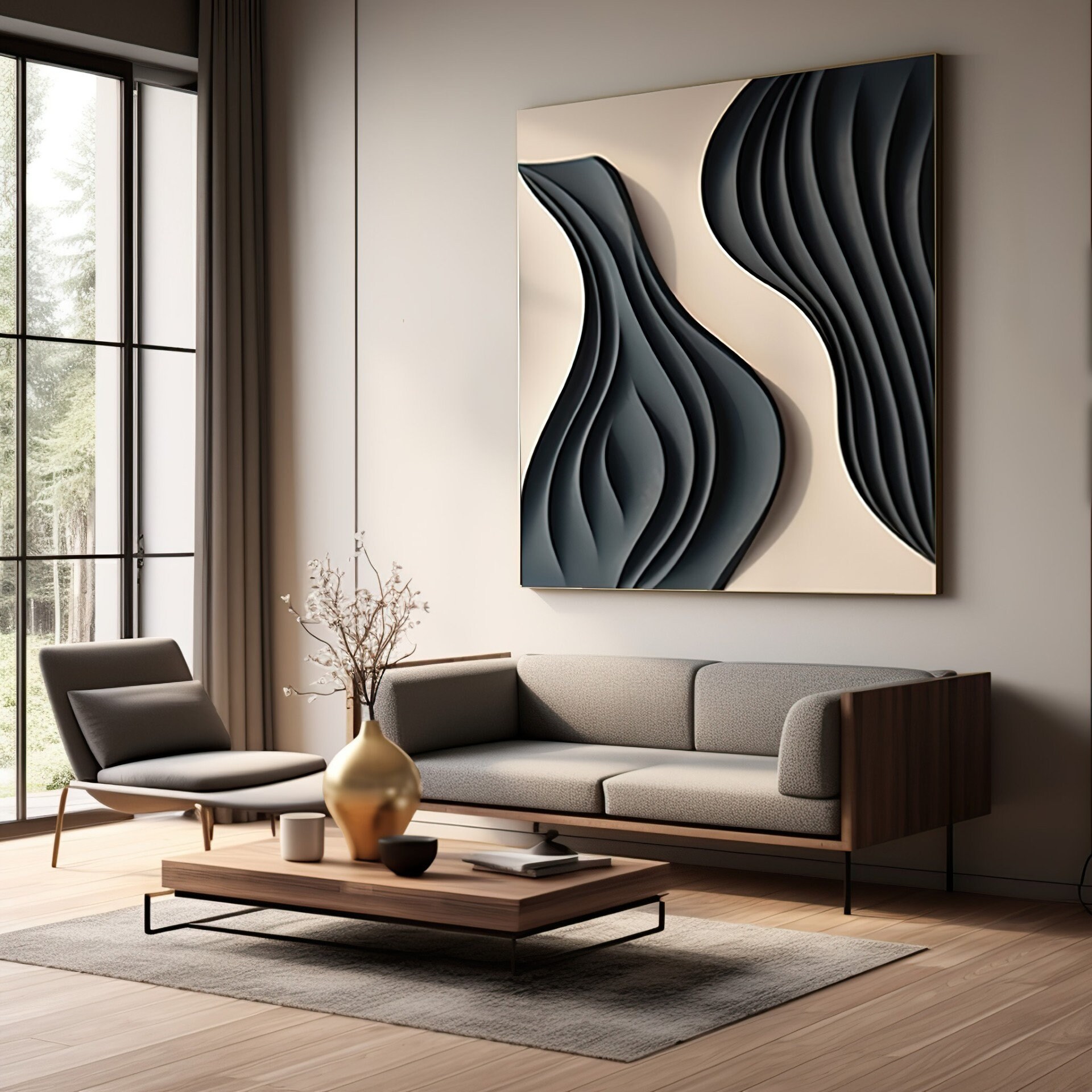 Wave shaped,black and white textured art decor wall- wooden craft art- 3D vision