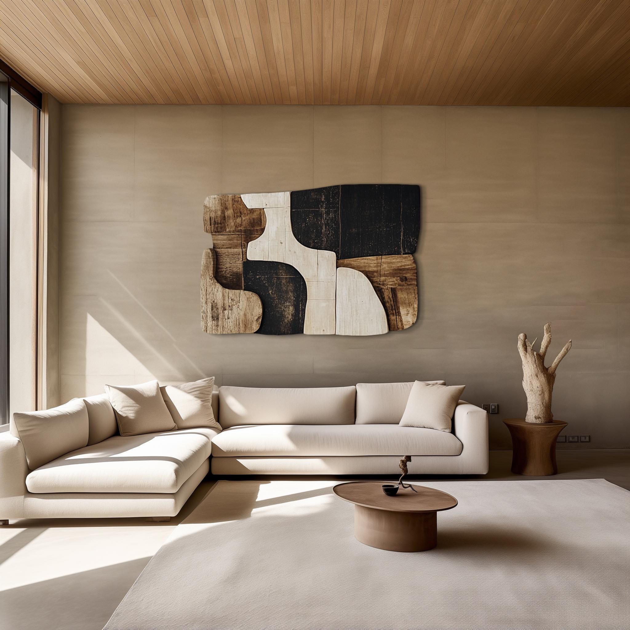 3D Wood Wall Sculpture – Modern Abstract Wall Art in Neutral Tones – Organic Minimalist Wooden Wall Decor – Custom Handmade Wall Panel