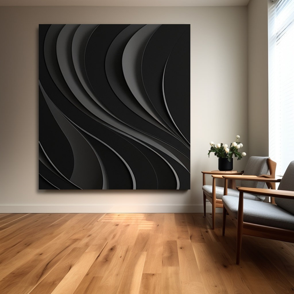 Multiple black abstract wave shaped patterns - wooden art - 3D vision