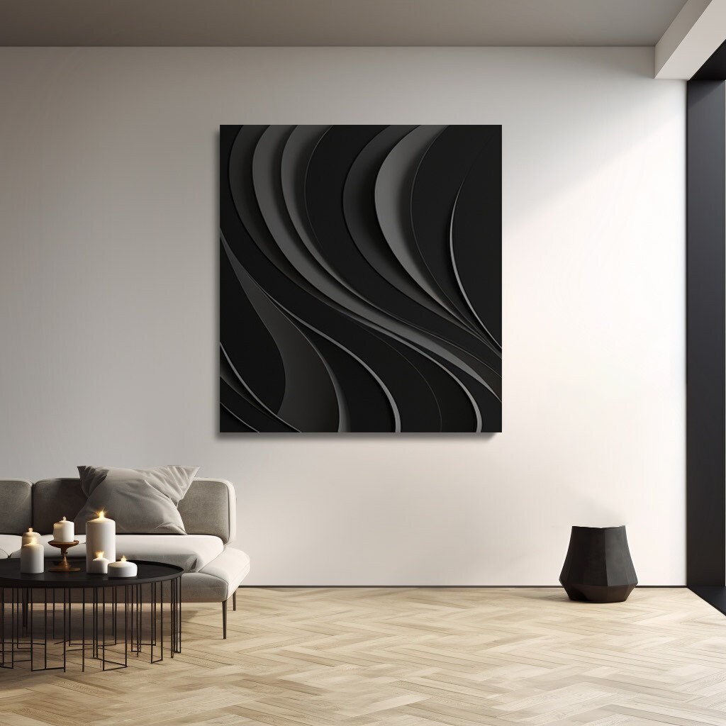 Multiple black abstract wave shaped patterns - wooden art - 3D vision