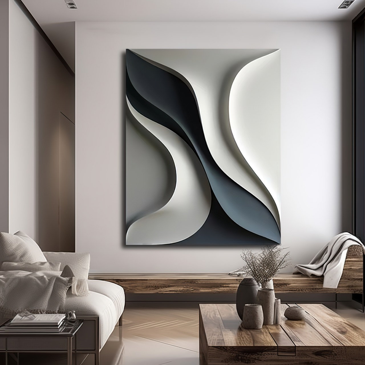 Deep Green & White 3D Wave Wall Art – Modern Abstract Wall Sculpture | Textured Minimalist Wall Décor for Living Room or Office