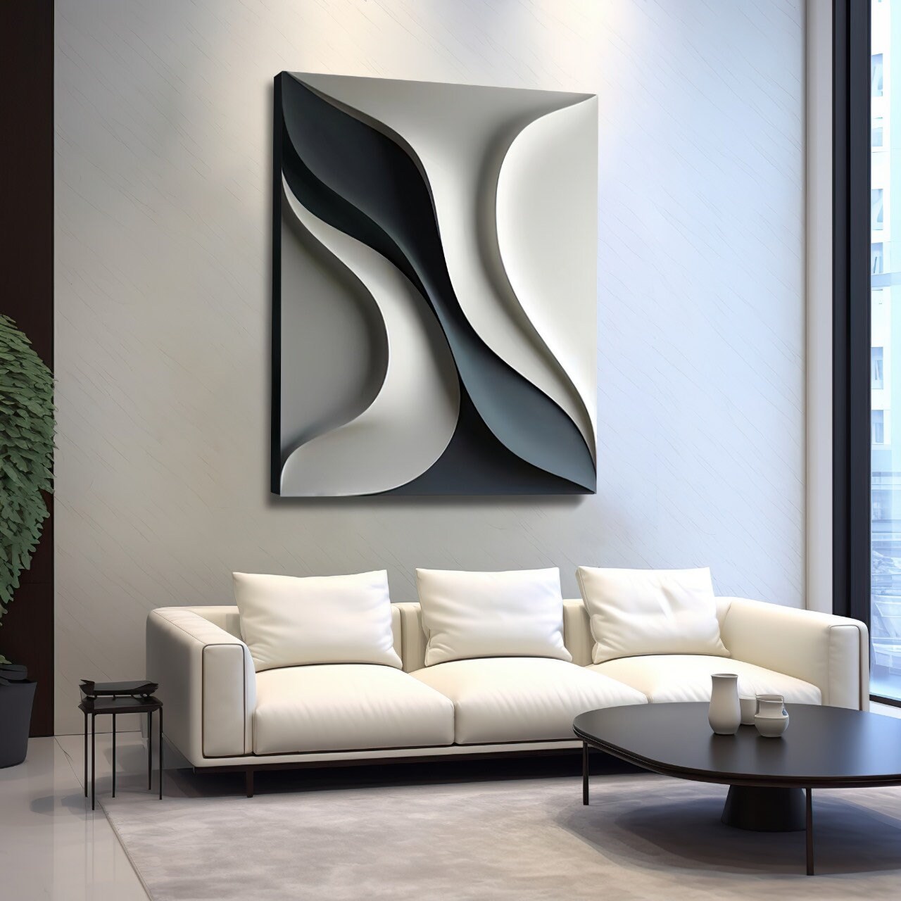 Deep Green & White 3D Wave Wall Art – Modern Abstract Wall Sculpture | Textured Minimalist Wall Décor for Living Room or Office