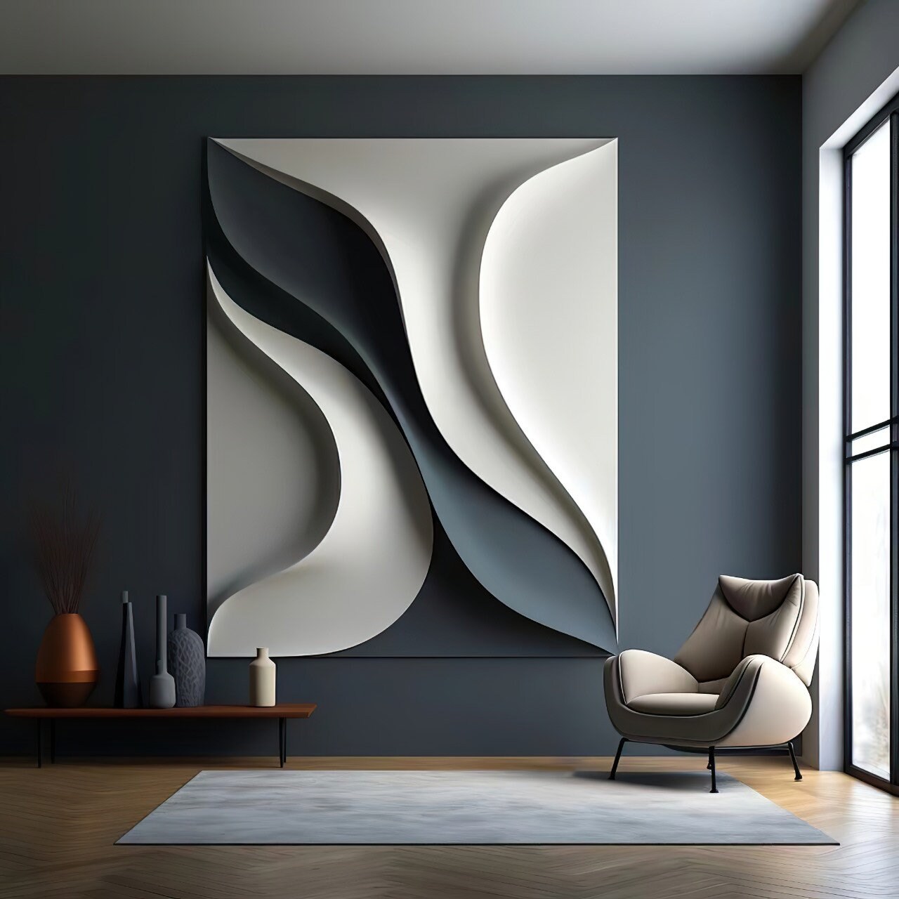 Deep Green & White 3D Wave Wall Art – Modern Abstract Wall Sculpture | Textured Minimalist Wall Décor for Living Room or Office