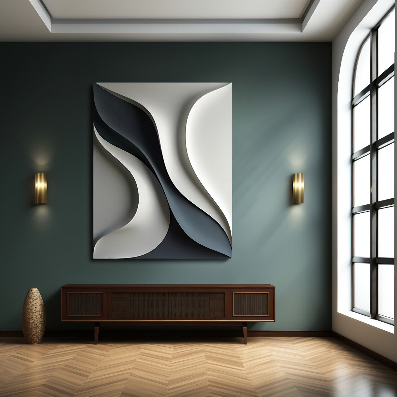 Deep Green & White 3D Wave Wall Art – Modern Abstract Wall Sculpture | Textured Minimalist Wall Décor for Living Room or Office