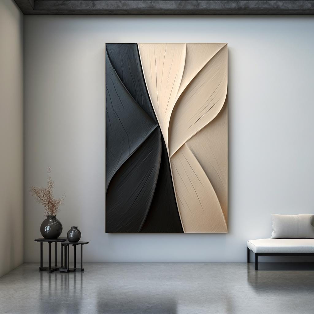 3D Wood Wall Art – Beige and Black Carved Wall Decor, Minimalist Abstract Sculpture, Neutral Textured Art for Living Room or Bedroom