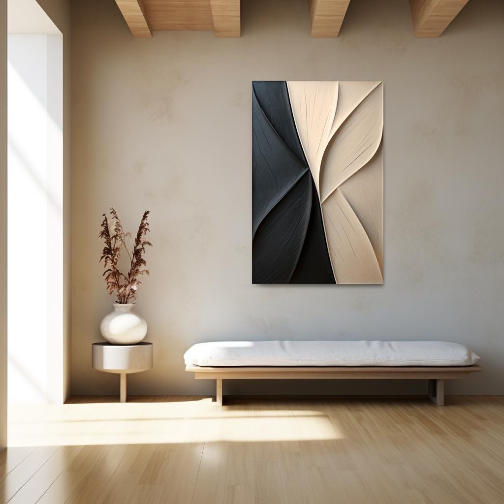 3D Wood Wall Art – Beige and Black Carved Wall Decor, Minimalist Abstract Sculpture, Neutral Textured Art for Living Room or Bedroom