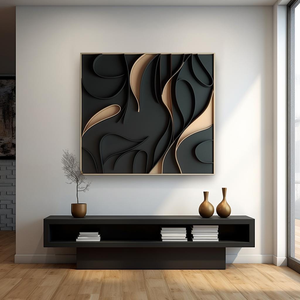 Brown and Black Minimalist Textured Wall Decor, 3D Wood Carving Art, Geometric Wall Sculpture, Japandi Living Room Wall Art, Handmade Décor